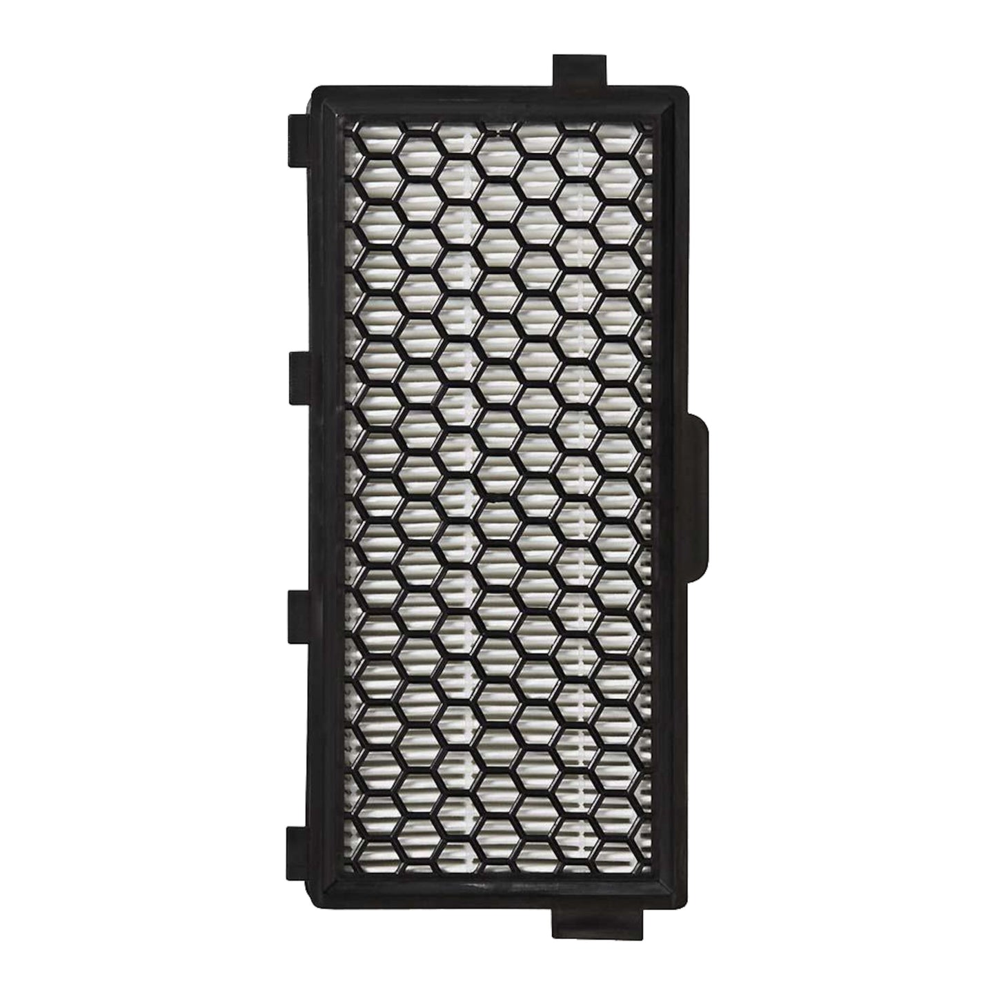 Miele HEPA-filter SF-AH50, rektangulær, sort plast honeycomb-gitter og hvidt plisseret filtermateriale set oppefra.