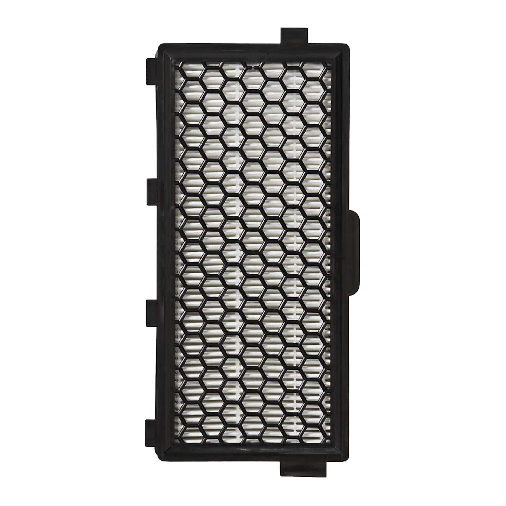 Miele HEPA-filter SF-AH50, rektangulær, sort plast honeycomb-gitter og hvidt plisseret filtermateriale set oppefra.