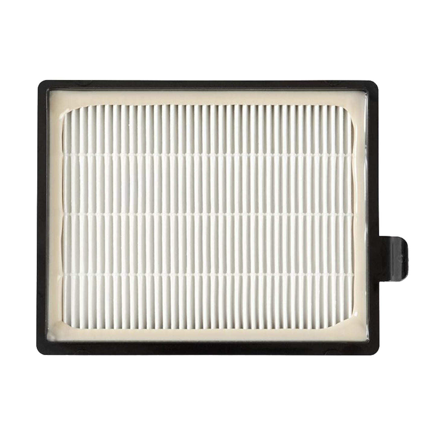HEPA-filter FC8031 til Philips støvsuger, sort ramme, hvid plisseret filtermedie, lille sort tap til højre.