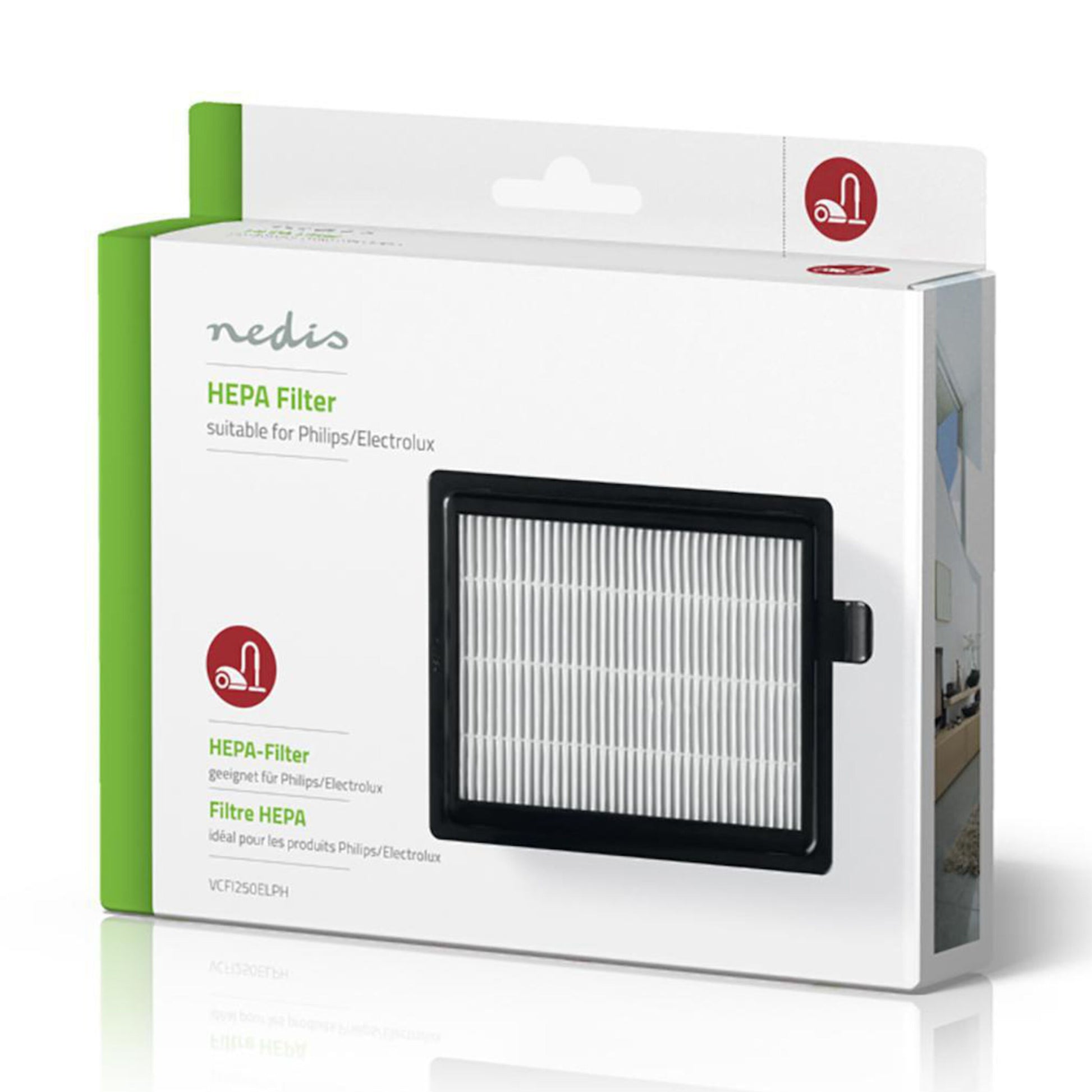 HEPA-filter FC8031 til Philips og Electrolux støvsugere, grøn/hvid æske med modelinfo.