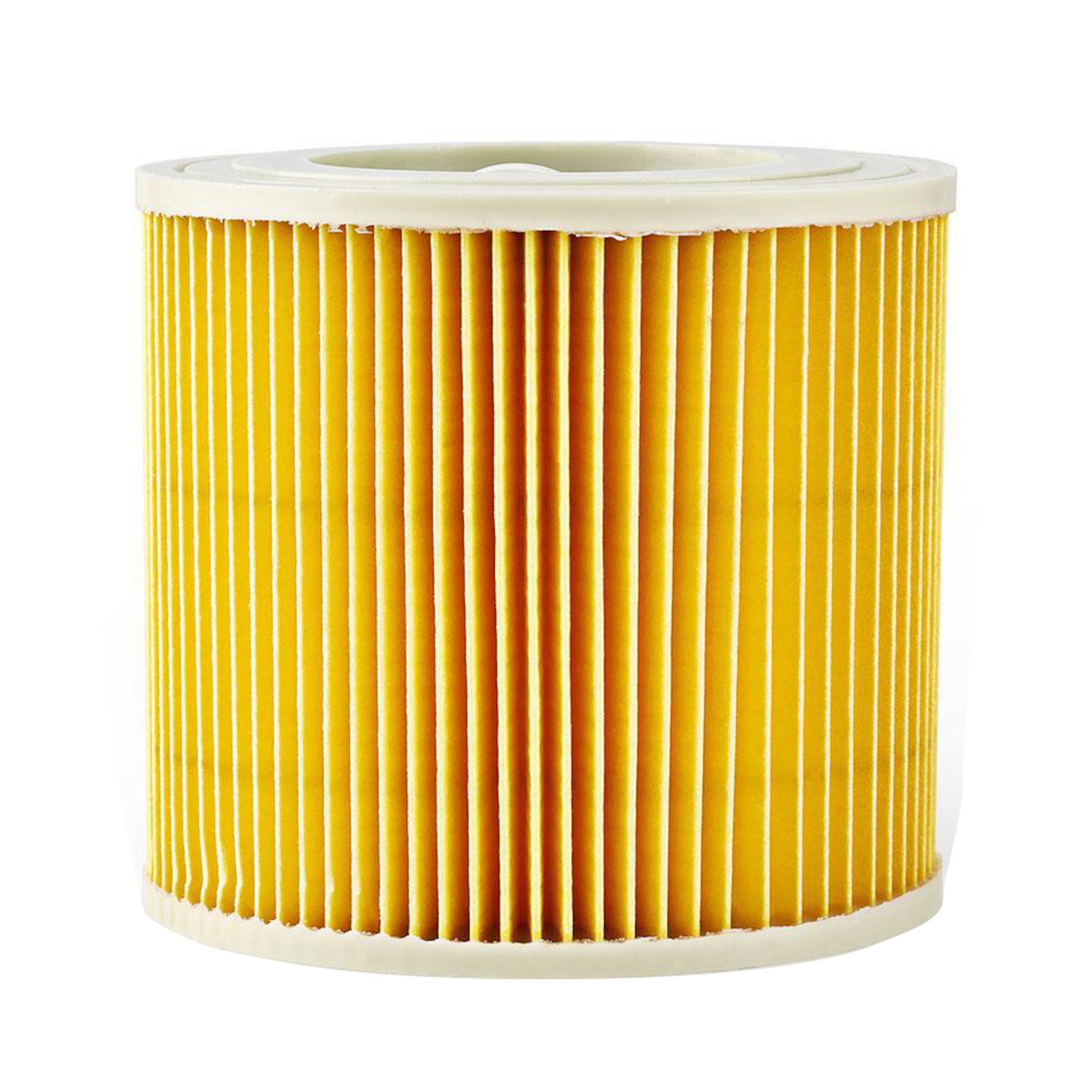 Cylindrisk gul plisseret luftfilter med hvide endekapper, passer til Patronfilter Kärcher 6.414-552.0.