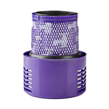 Lilla cylindrisk motorfilter til Dyson V10 og SV12 med netsektion og slidsede udluftninger nederst.