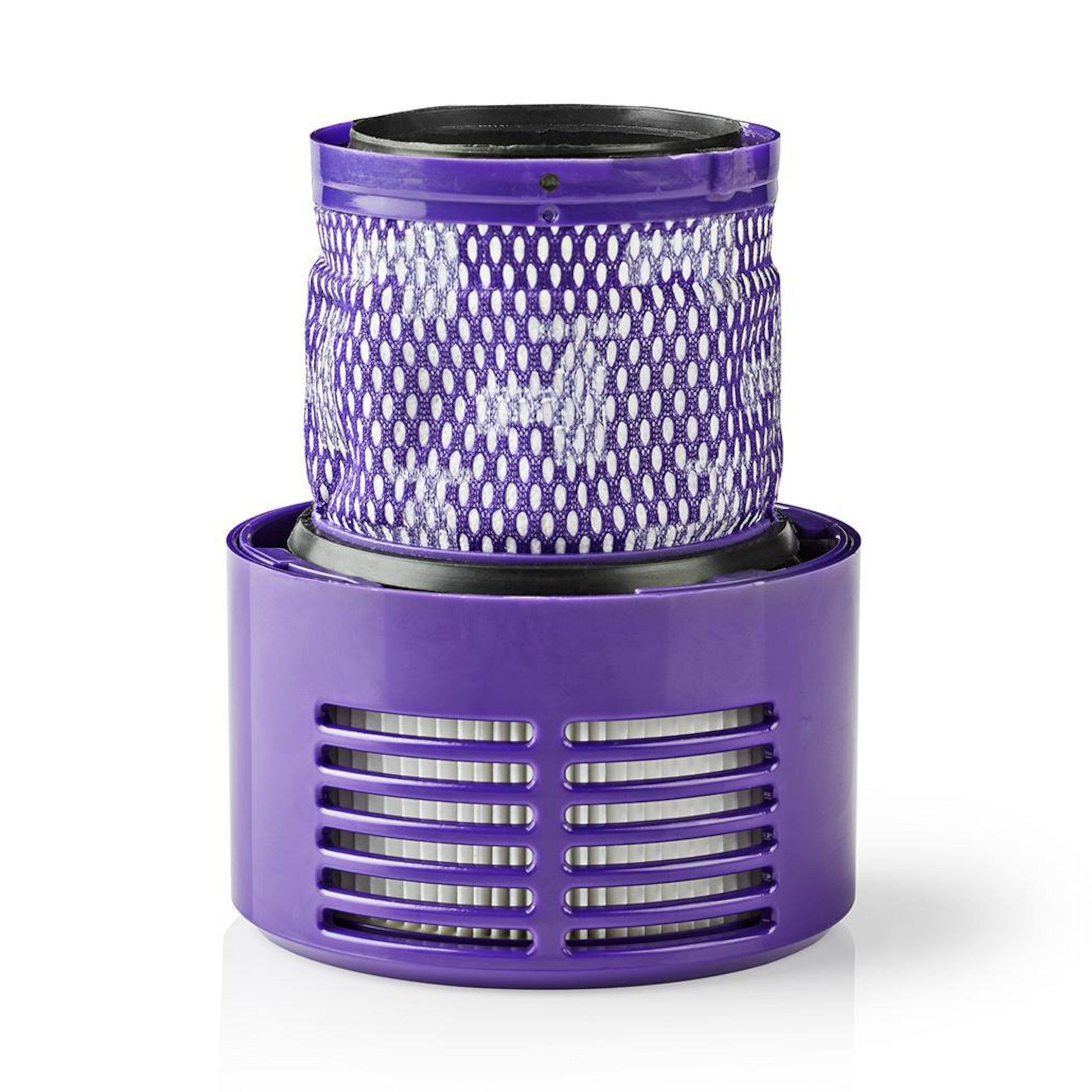 Dyson Motorfilter til V10/SV12, cylindrisk med lilla og hvid nettop samt massiv lilla slids-bund, til håndstøvsuger.