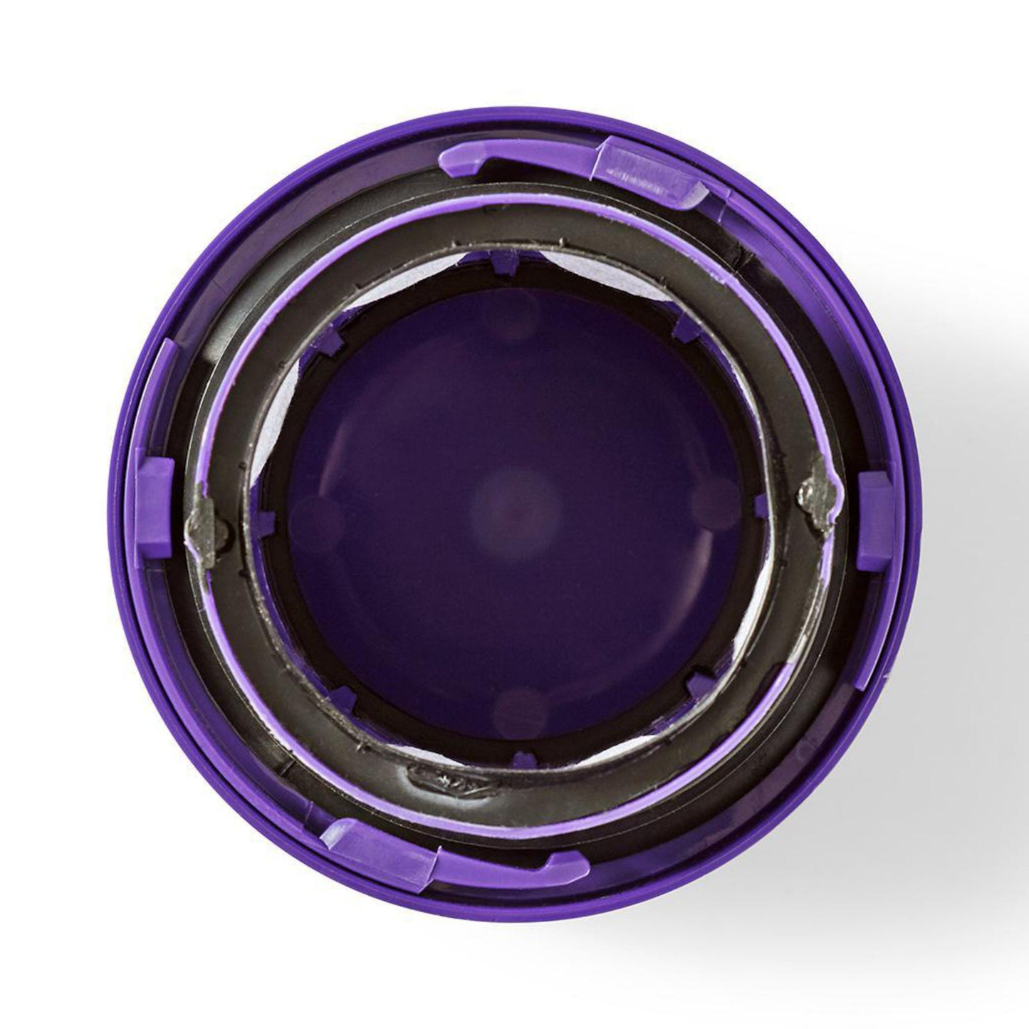 Motorfilter til Dyson V10/SV12, lilla cirkulær, metal- og plastdele synlige, set oppefra.
