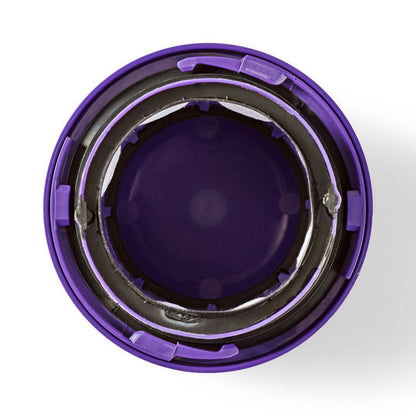 Motorfilter til Dyson V10/SV12, lilla cirkulær, metal- og plastdele synlige, set oppefra.