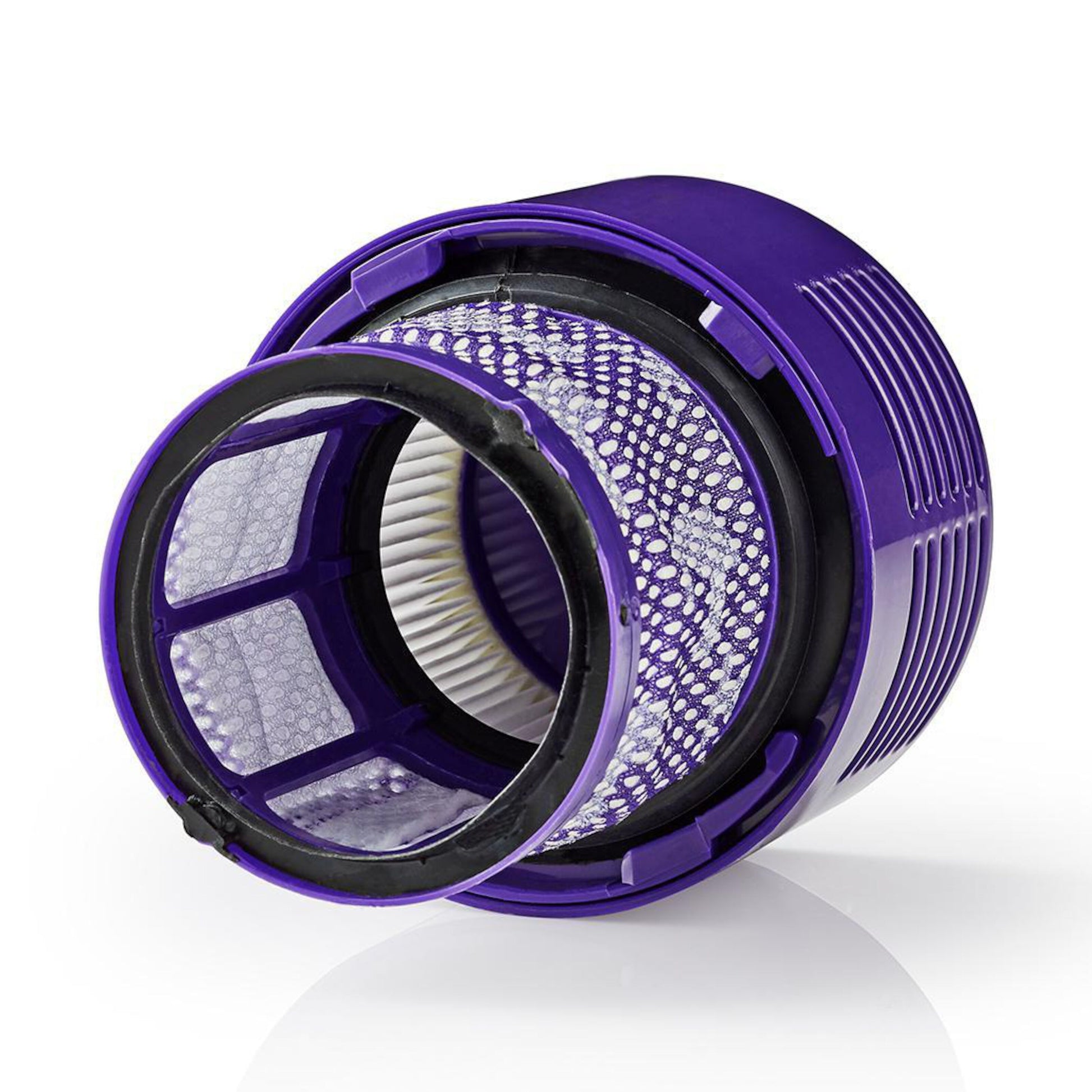 Dyson motorfilter V10 SV12 lilla plast med netlag, modelnavn synligt.