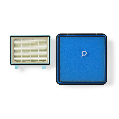 HEPA-motorfilter til Philips FC9331/09, 9332/09, 8010/01 rektangulær lyseblå ramme og kvadratisk sort/blå skumfilter.