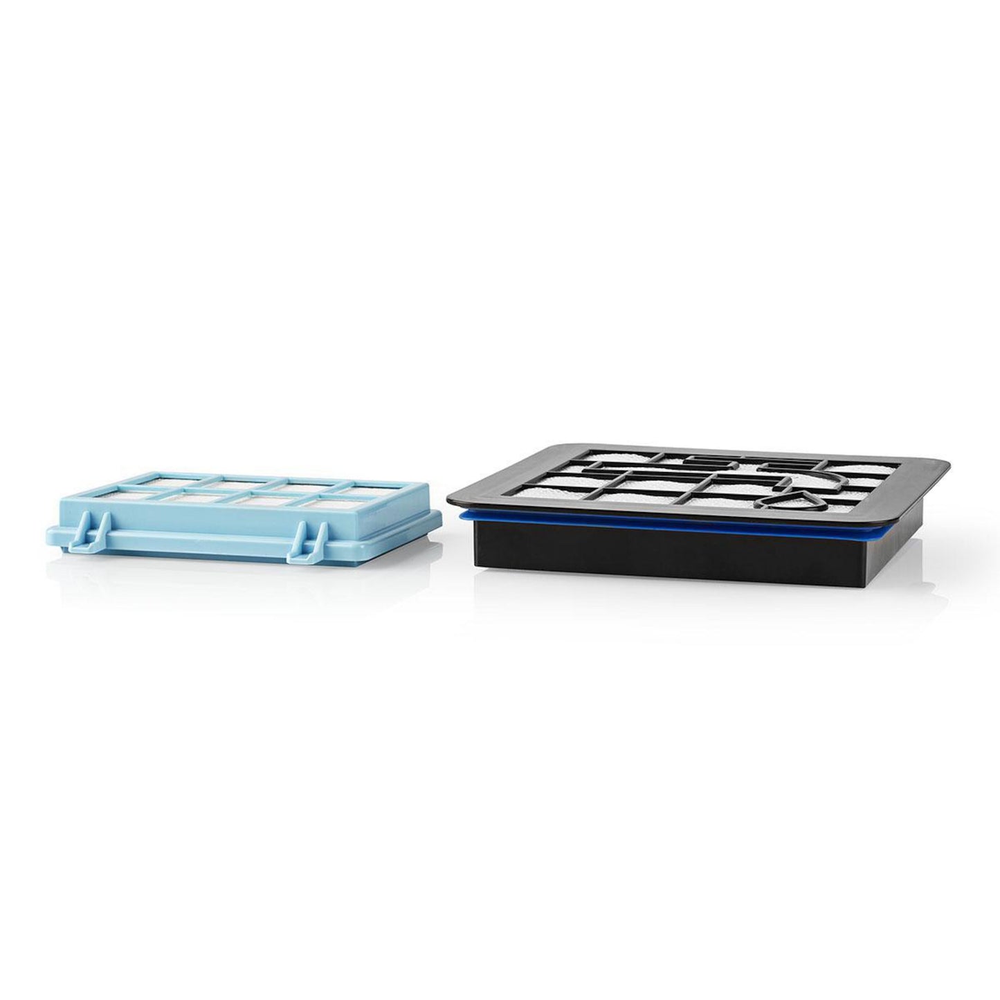 Philips HEPA-motorfilter lyseblå til FC9331/09, 9332/09, 8010/01 med gitter samt sort filter med sølvgitter og blå kant.