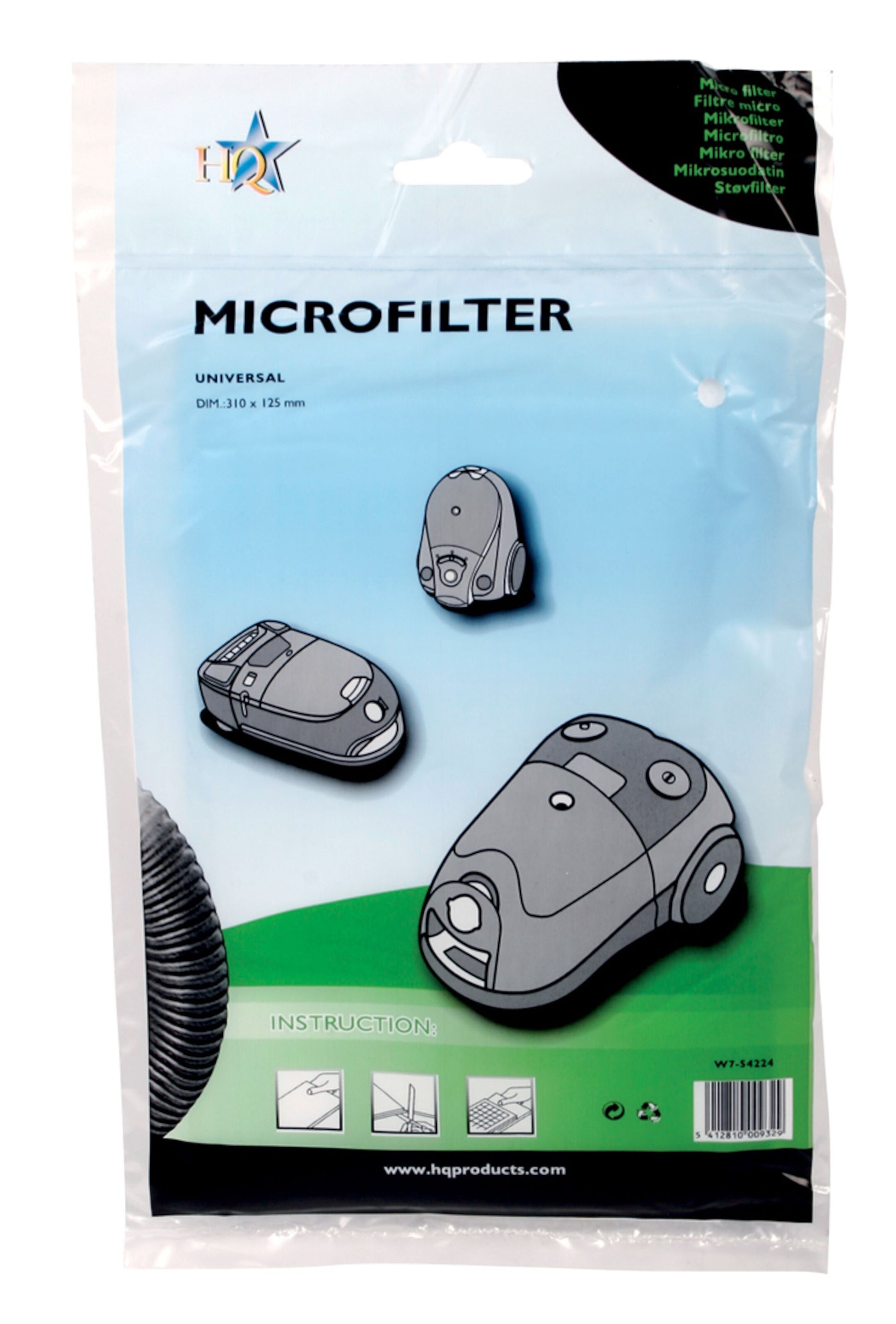 Mikrofilter til støvsuger Universal, mål 255 x 190 mm, billeder af støvsugermodeller og ikonvejledning på blågrøn baggrund.