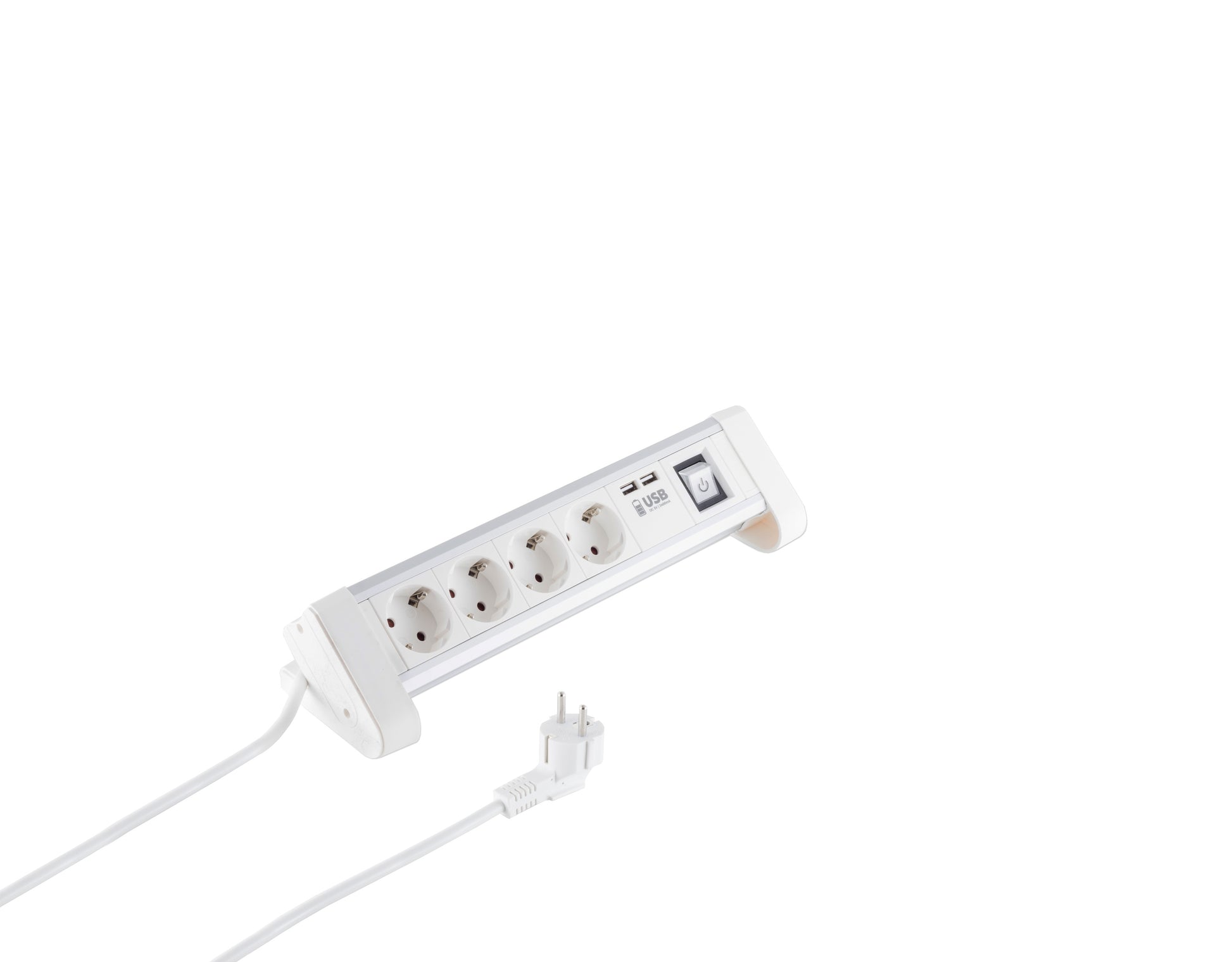 4-vejs bordstikdåse med 2x USB, fire udtag, on/off-knap og ledning med stik i hvid.