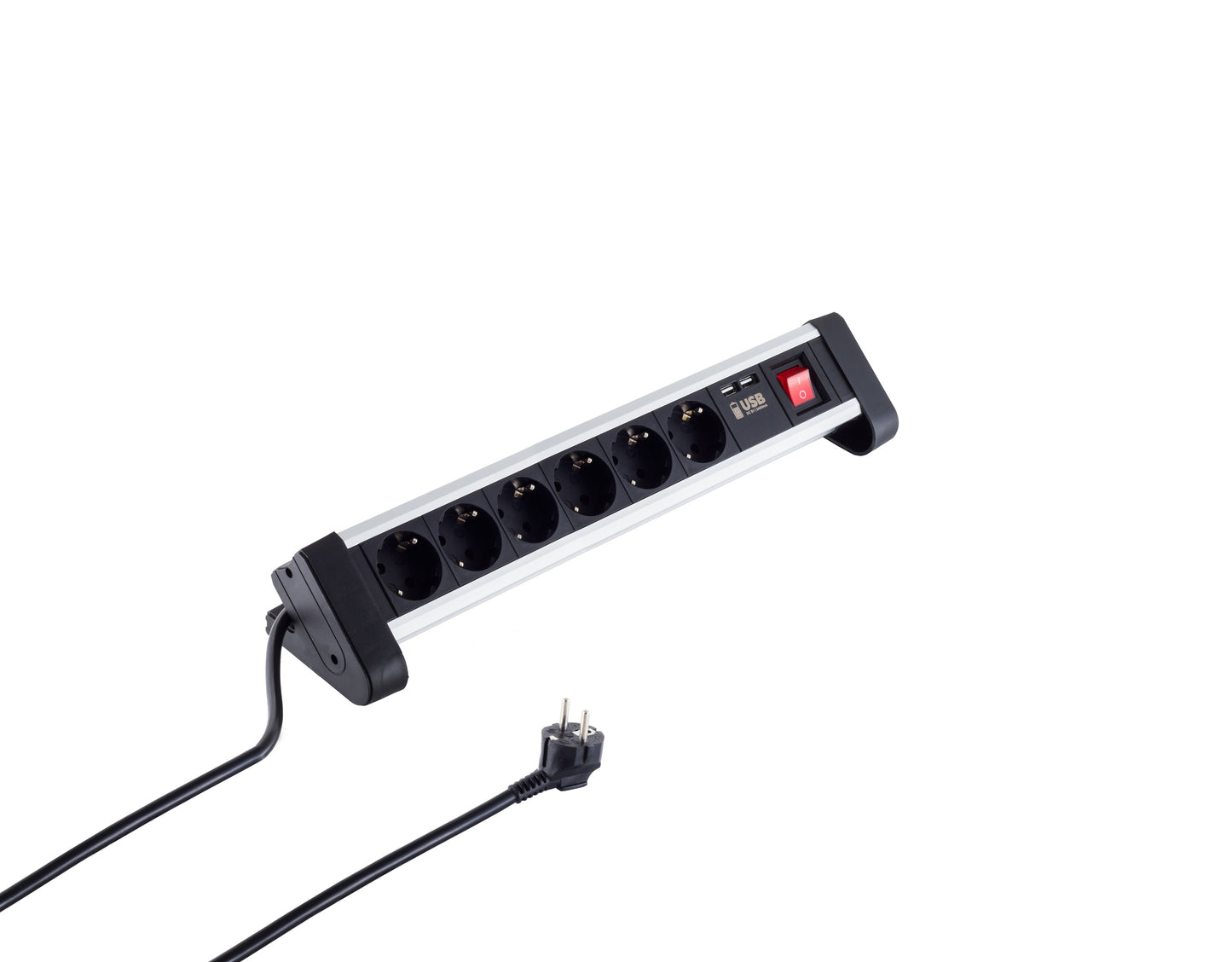 6-vejs sort bordstikdåse med 2 USB-porte, seks udtag, rød tænd/sluk-knap og sort ledning.