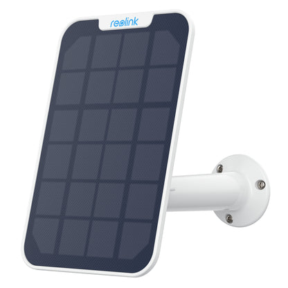 Reolink Solcellepanel 2, rektangulært solpanel med hvid ramme og monteringsarm til udendørs kameraer.