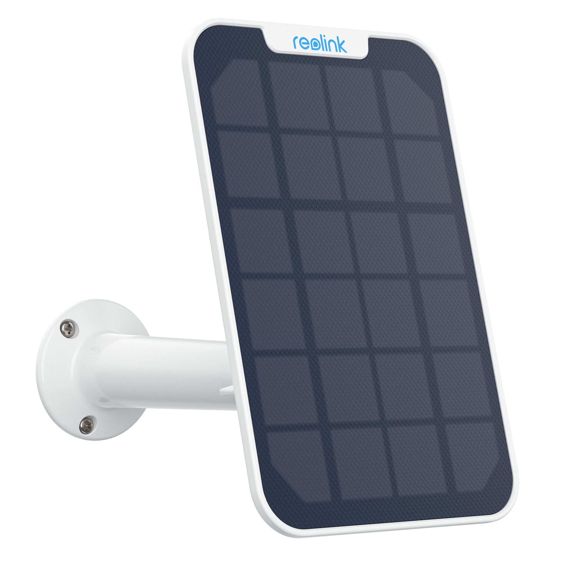 Reolink Solcellepanel 2 rektangulært solpanel med hvid ramme og justerbart beslag, gittermønster, Reolink-logo øverst.
