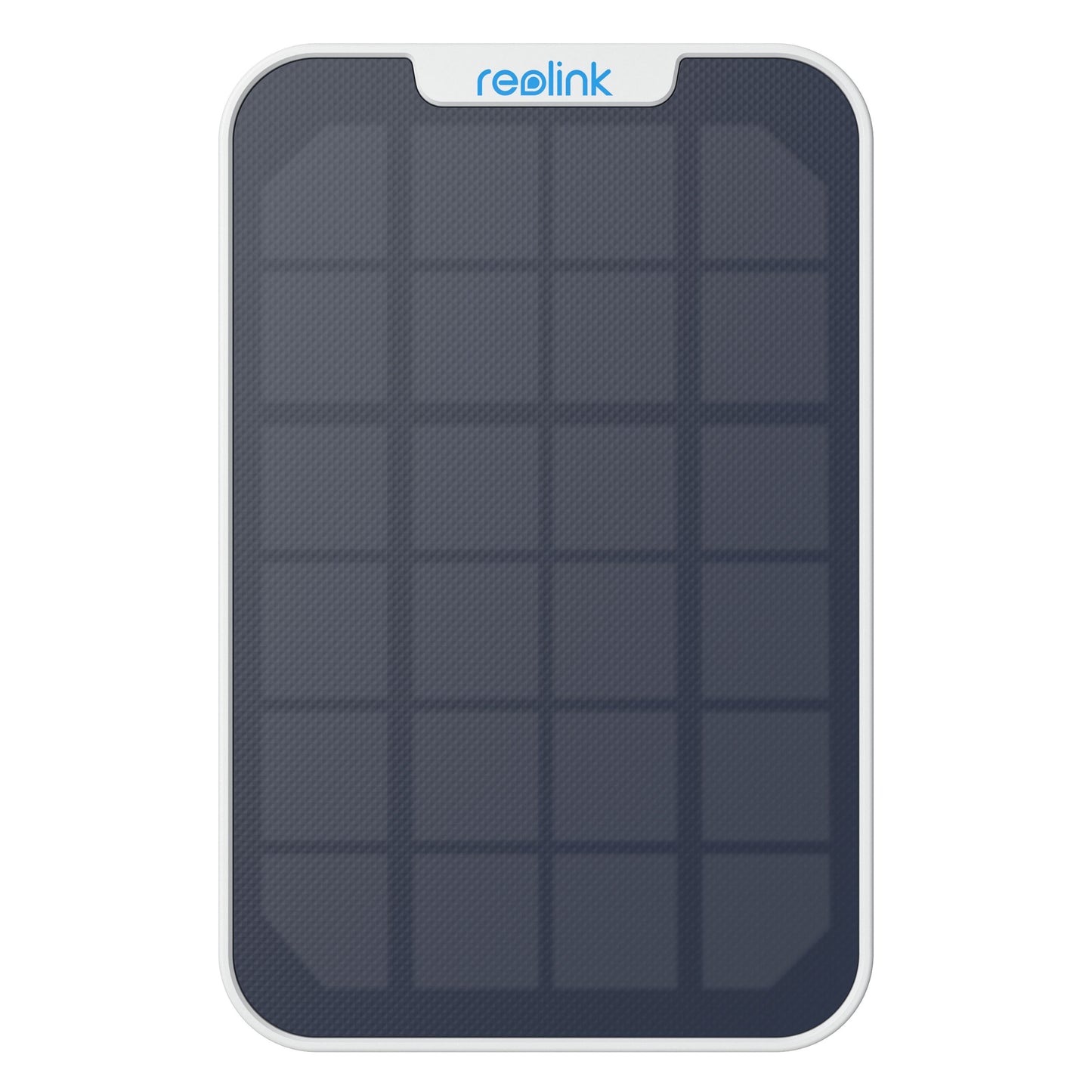 Reolink Solcellepanel 2 med hvid ramme, blå "reolink"-logo øverst og mørkeblå grid-mønstrede celler.