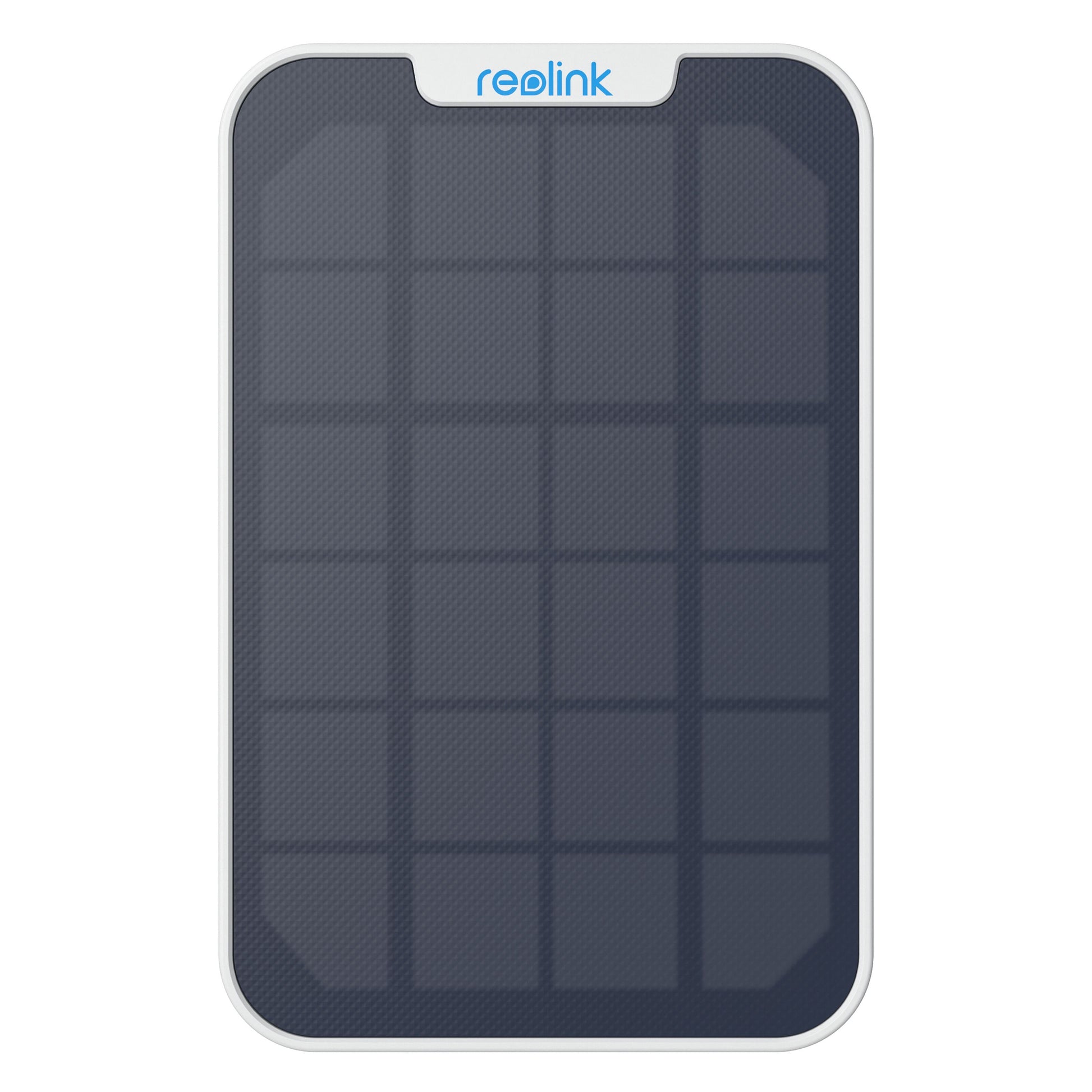 Reolink Solcellepanel 2 med hvid ramme, blå "reolink"-logo øverst og mørkeblå grid-mønstrede celler.
