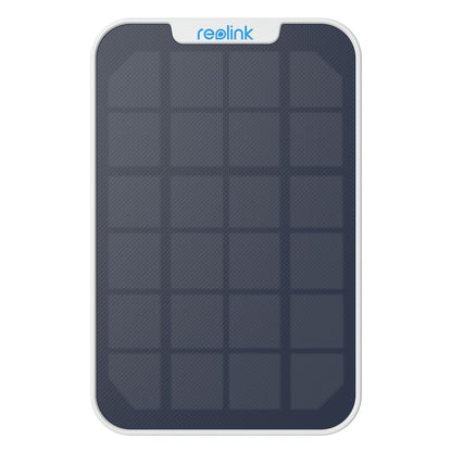 Reolink Solcellepanel 2 med hvid ramme, blå "reolink"-logo øverst og mørkeblå grid-mønstrede celler.