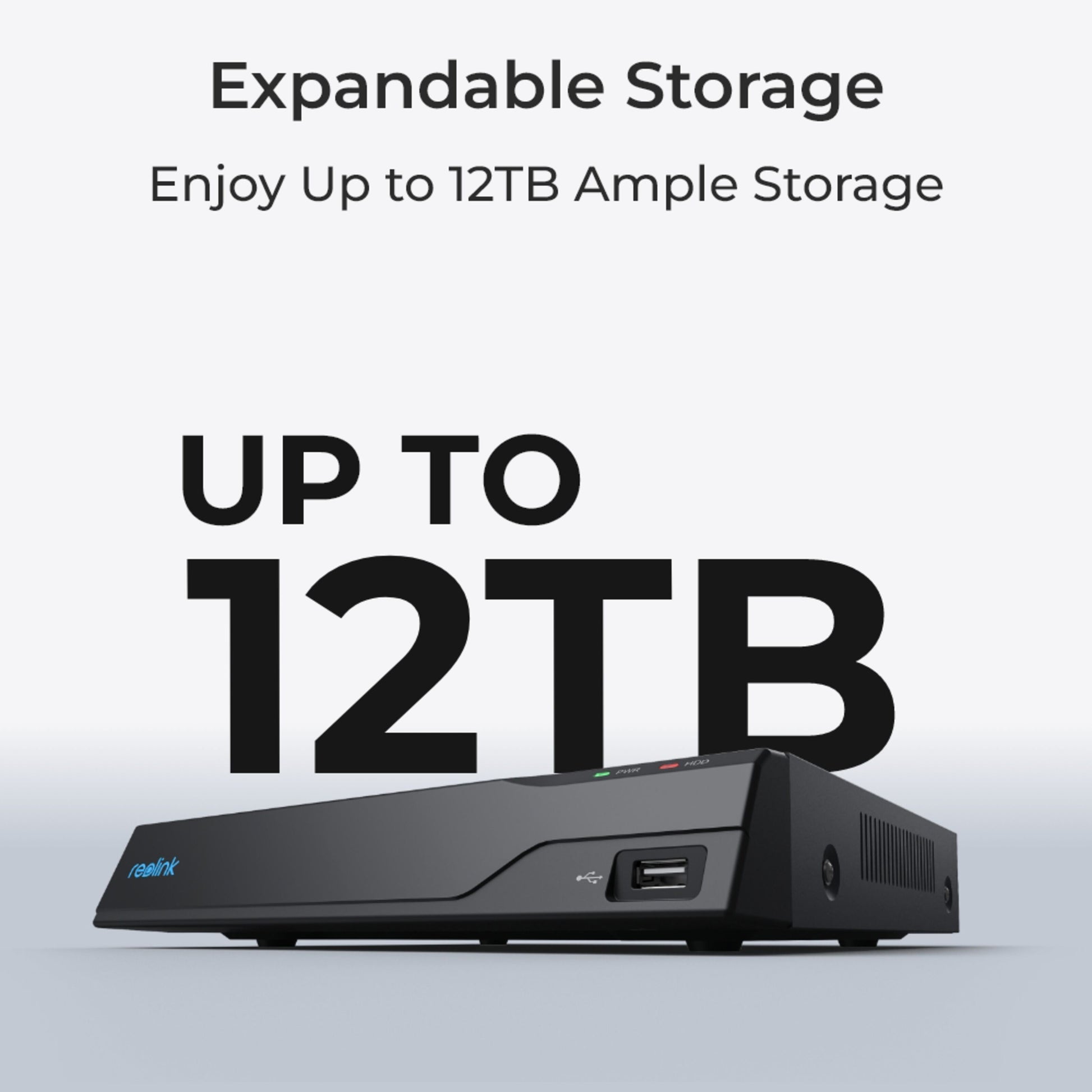 Reolink NVS8-8MB4 sort overvågningssystem med 4 kameraer, tekst: Op til 12TB udvidelig lagring til 4K PoE-kameraer.