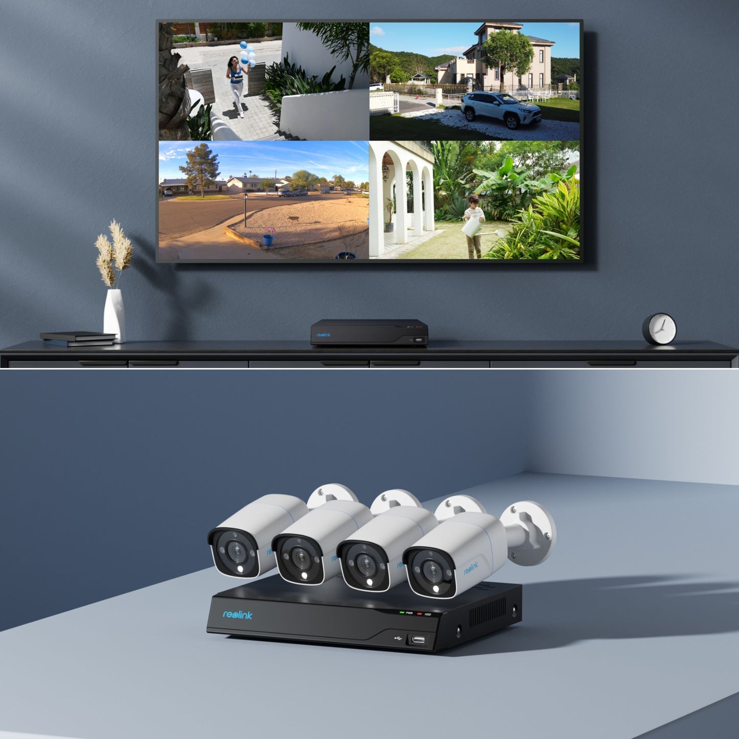 Reolink NVS8-8MB4 overvågningssystem med 4 kameraer vist ved tv-skærm med fire udendørs live-billeder.