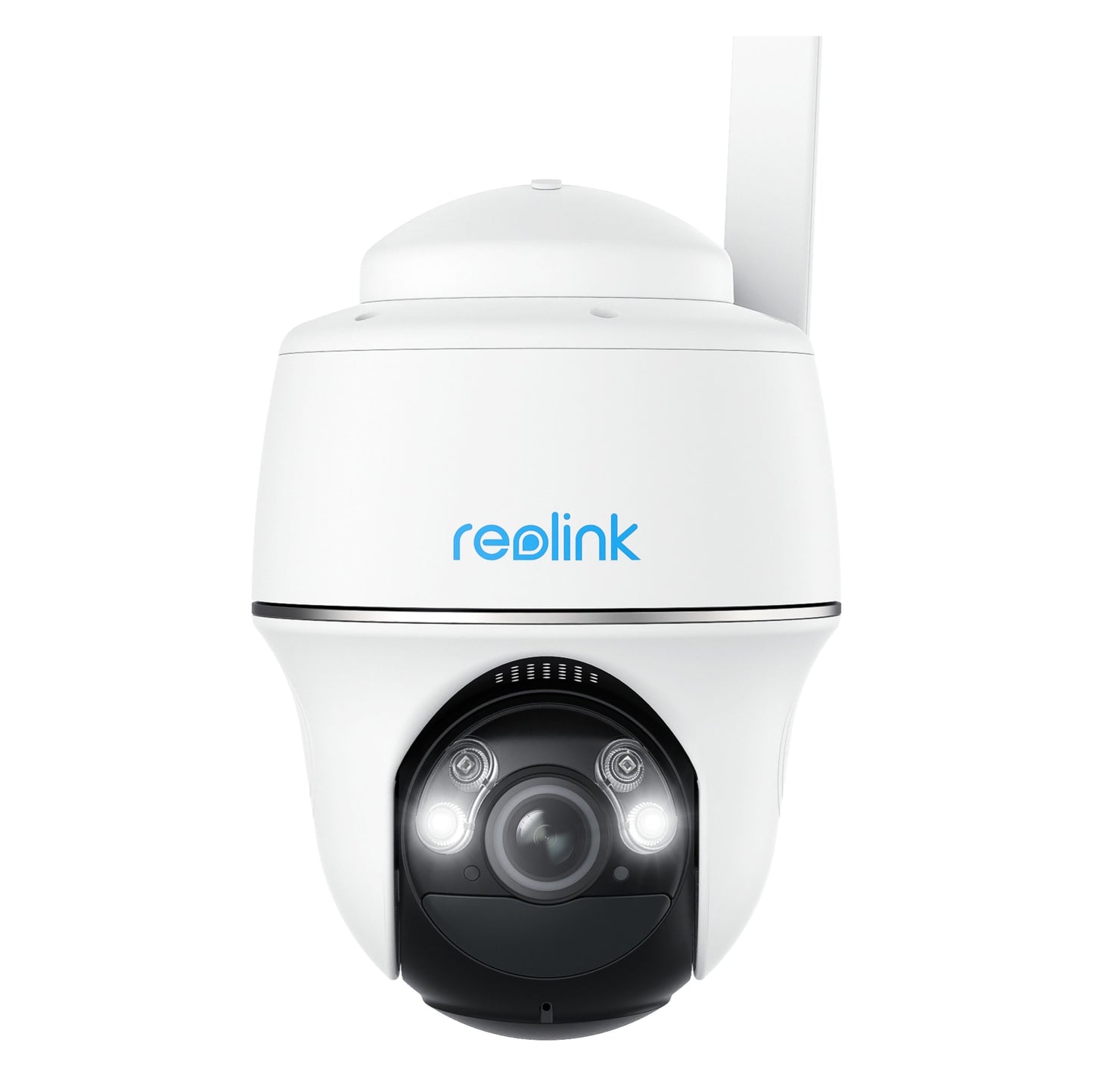 Reolink Go Series G430 udendørs 4G LTE kamera 2k, front med kuppellinse, til små lys og blåt Reolink-logo øverst.