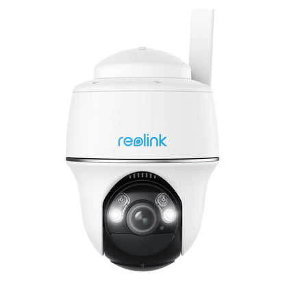Reolink Go Series G430 udendørs 4G LTE kamera 2k, front med kuppellinse, til små lys og blåt Reolink-logo øverst.