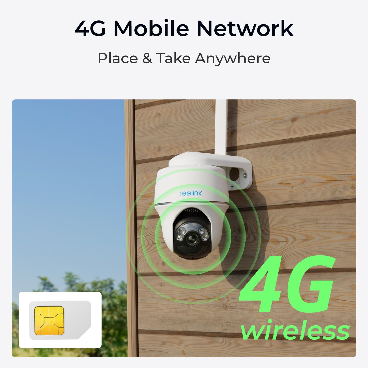 Reolink Go Series G430 udendørs 4G LTE kamera 2K på trævæg, grønne ringe, tekst "4G Mobile Network", SIM-kort ikon.