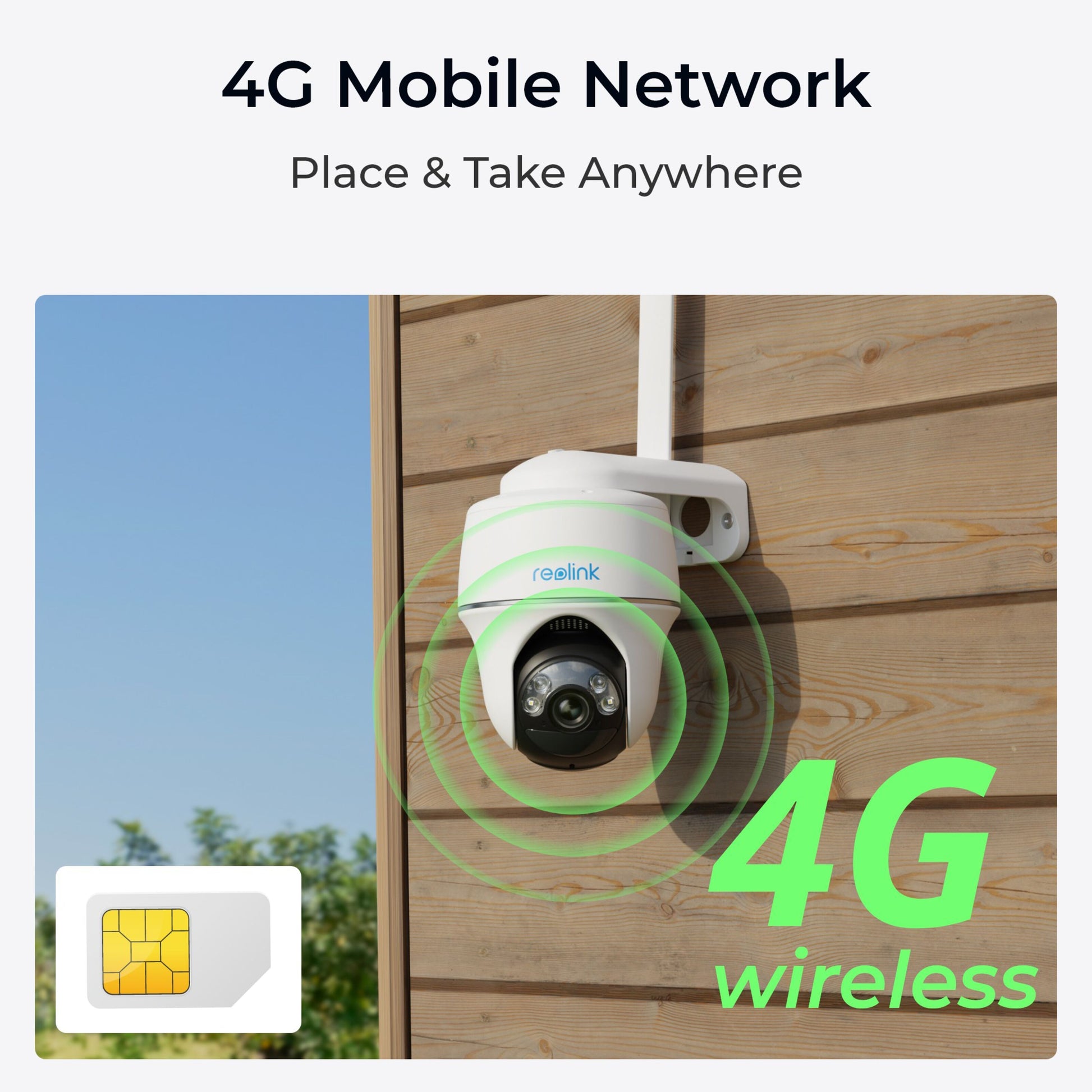 Reolink Go Series G430 udendørs 4G LTE kamera 2K på trævæg, grønne ringe, tekst "4G Mobile Network", SIM-kort ikon.