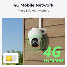 Reolink Go Series G430 udendørs 4G LTE kamera 2K på trævæg, grønne ringe, tekst "4G Mobile Network", SIM-kort ikon.