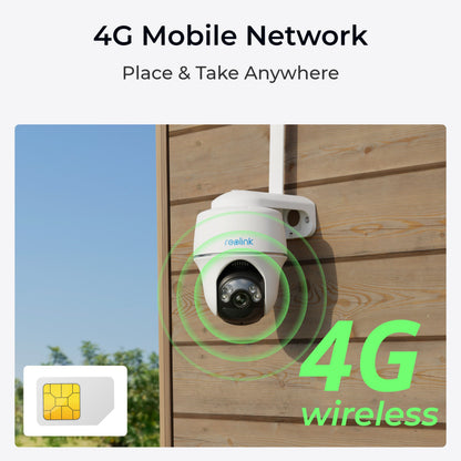 Reolink Go Series G430 udendørs 4G LTE kamera 2K på trævæg, grønne ringe, tekst "4G Mobile Network", SIM-kort ikon.