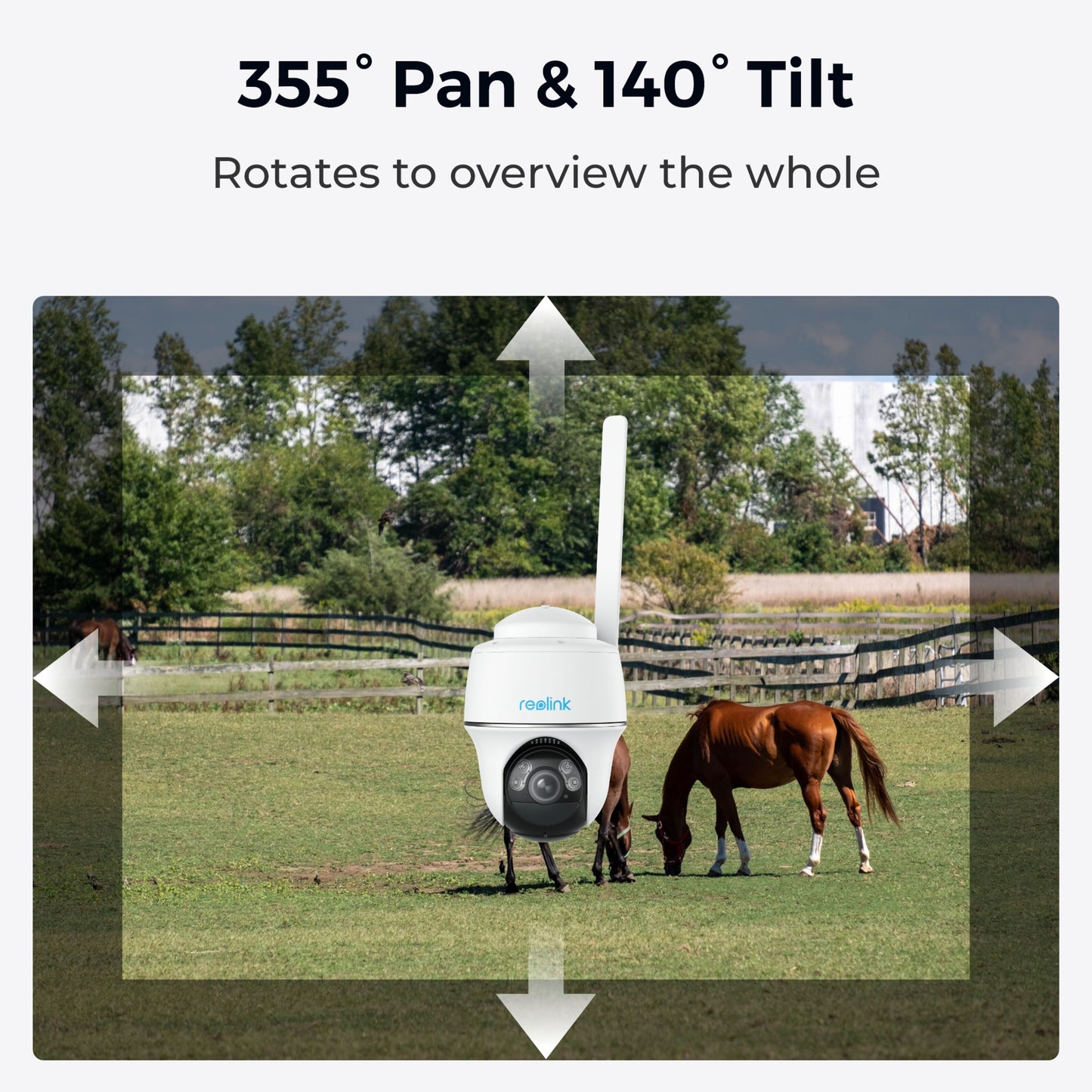 Reolink Go Series G430 udendørs 4G LTE kamera 2K, vises med 355° panorering og 140° vip via pile, mark og heste i baggrund.