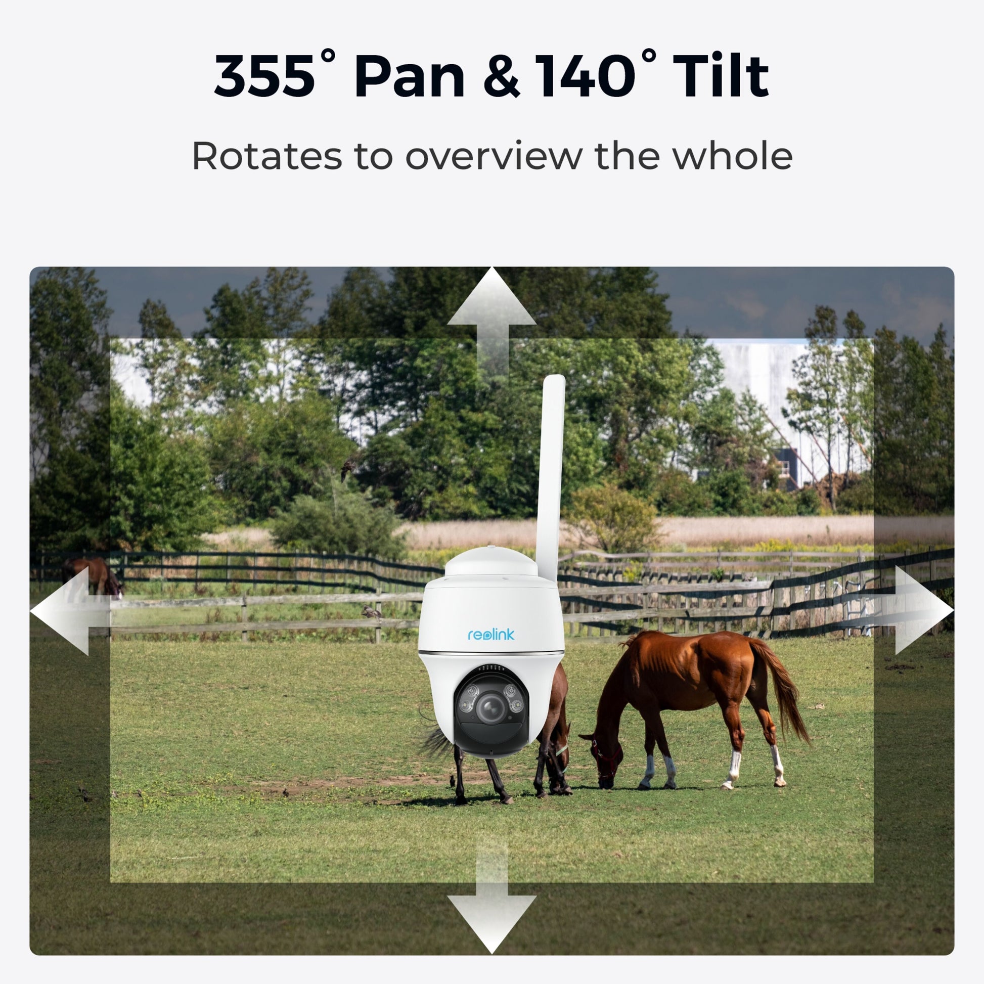 Reolink Go Series G430 udendørs 4G LTE kamera 2K, vises med 355° panorering og 140° vip via pile, mark og heste i baggrund.