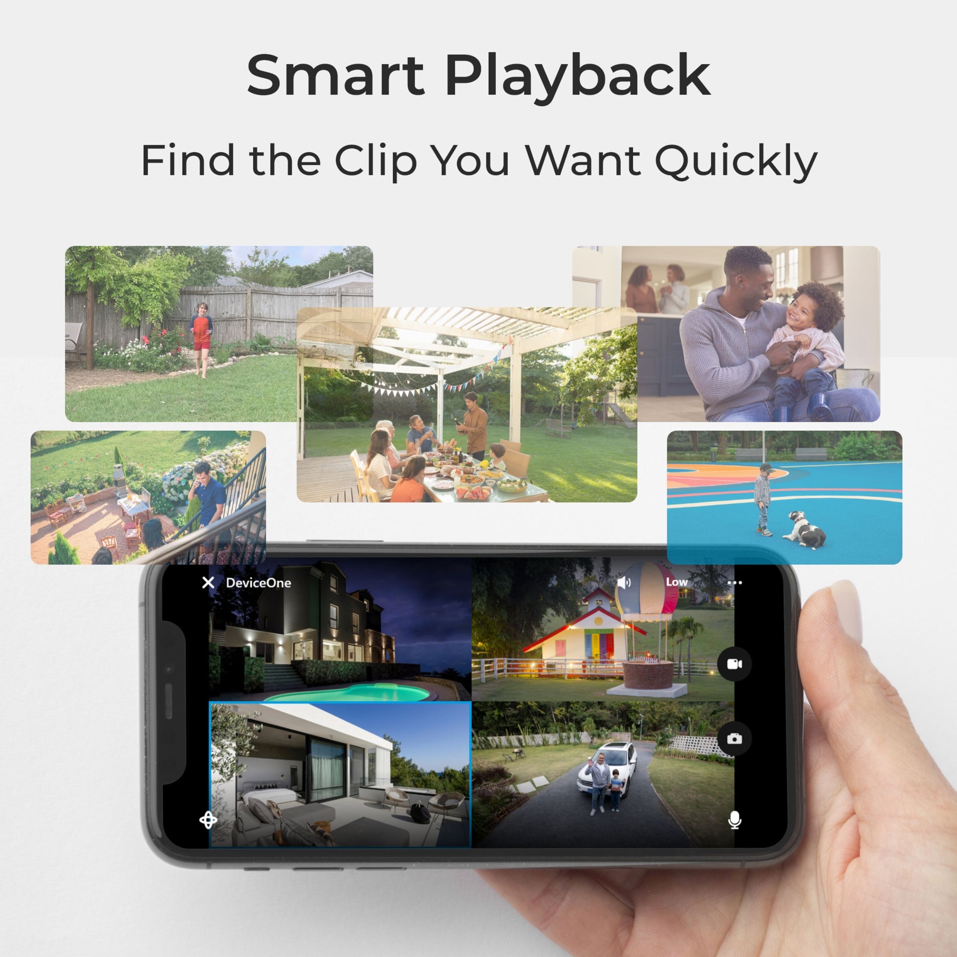Reolink Go Series G430 udendørs 4G LTE kamera 2k vises med smart afspilning og farvenatsyn på smartphone-skærm.