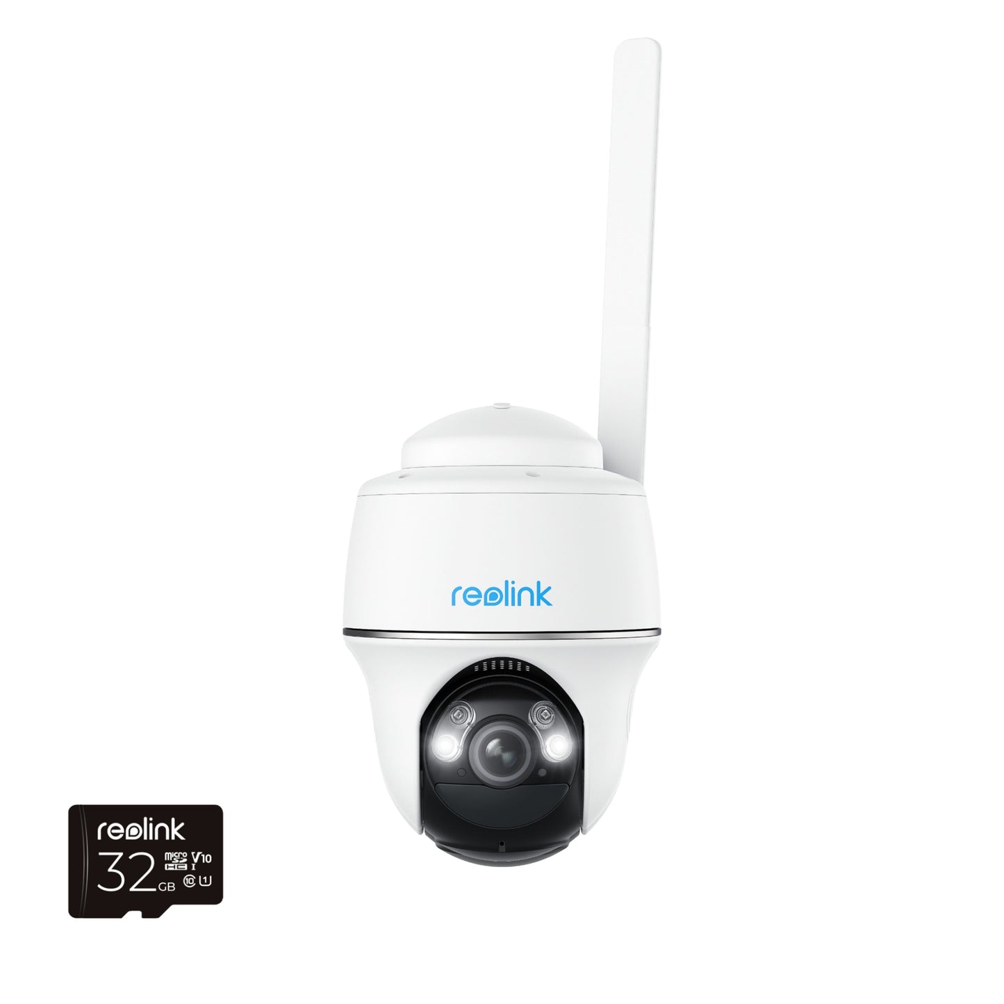 Reolink Go Series G430 udendørs 4G LTE kamera 2K med antenne, separat 32GB Reolink microSD kort ved siden af.