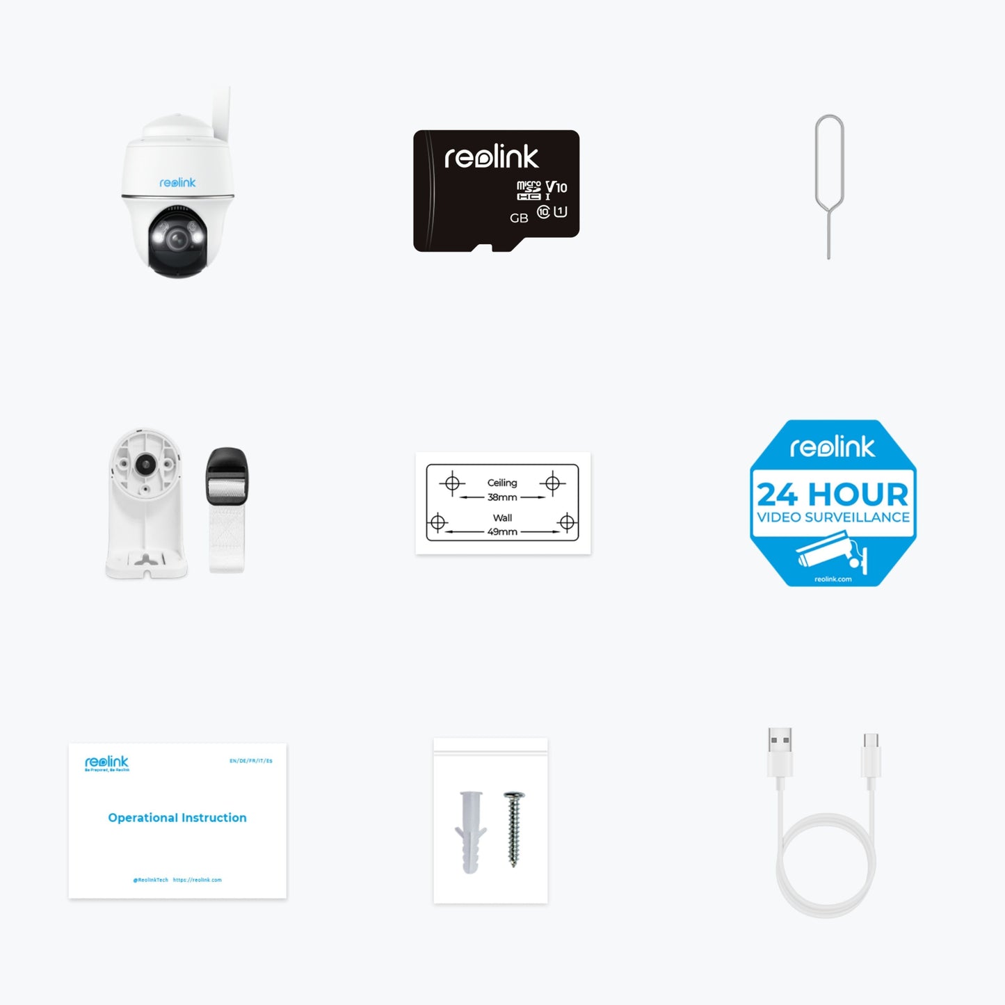 Reolink Go Series G430 Udendørs 4G LTE kamera 2K farvenatsyn kit med microSD, SIM værktøj, beslag, klistermærke og tilbehør.