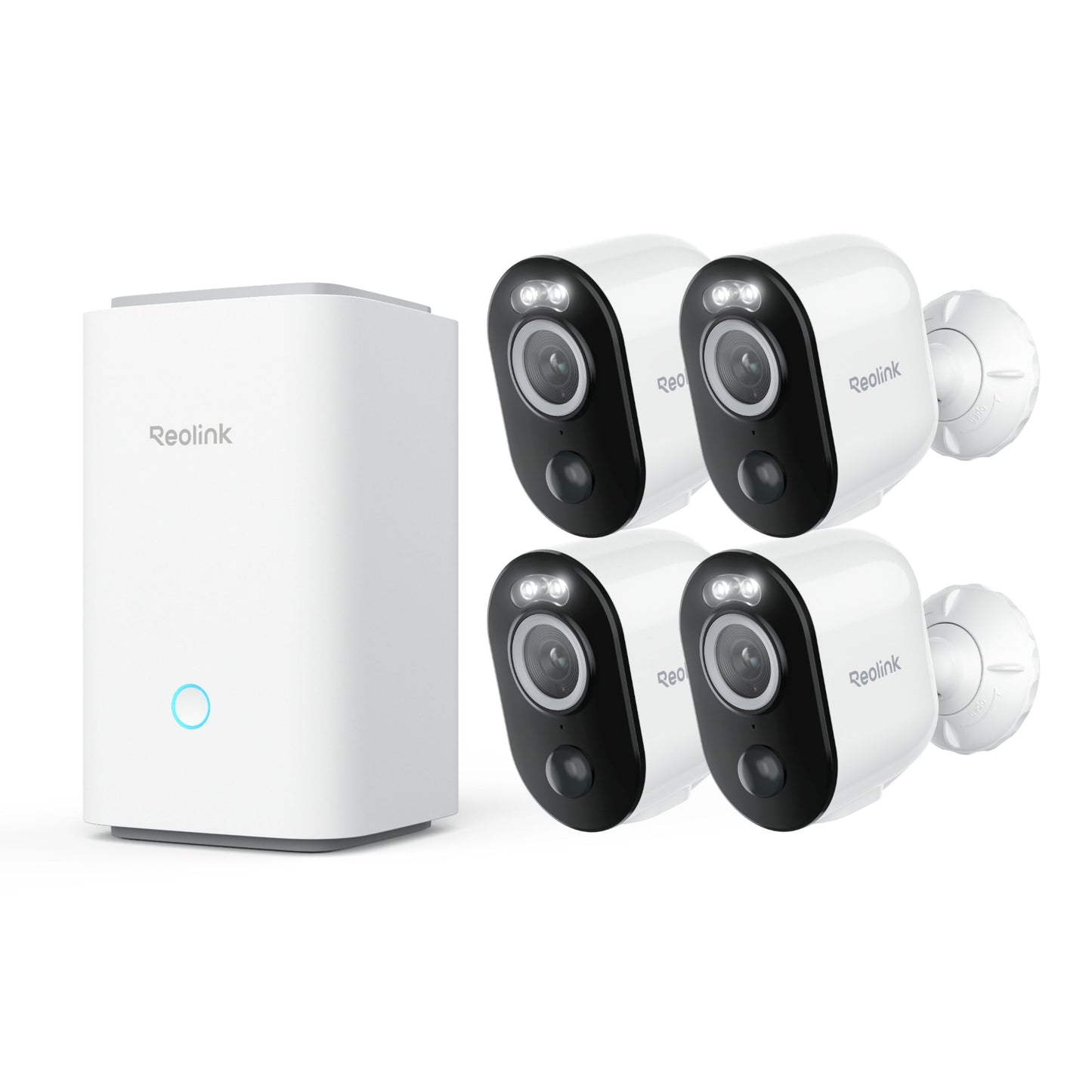 Reolink Argus 3 Ultra 4K kameraer, lokal lagring, ved siden af Reolink Home Hub med blå LED, let vinklet mod højre.