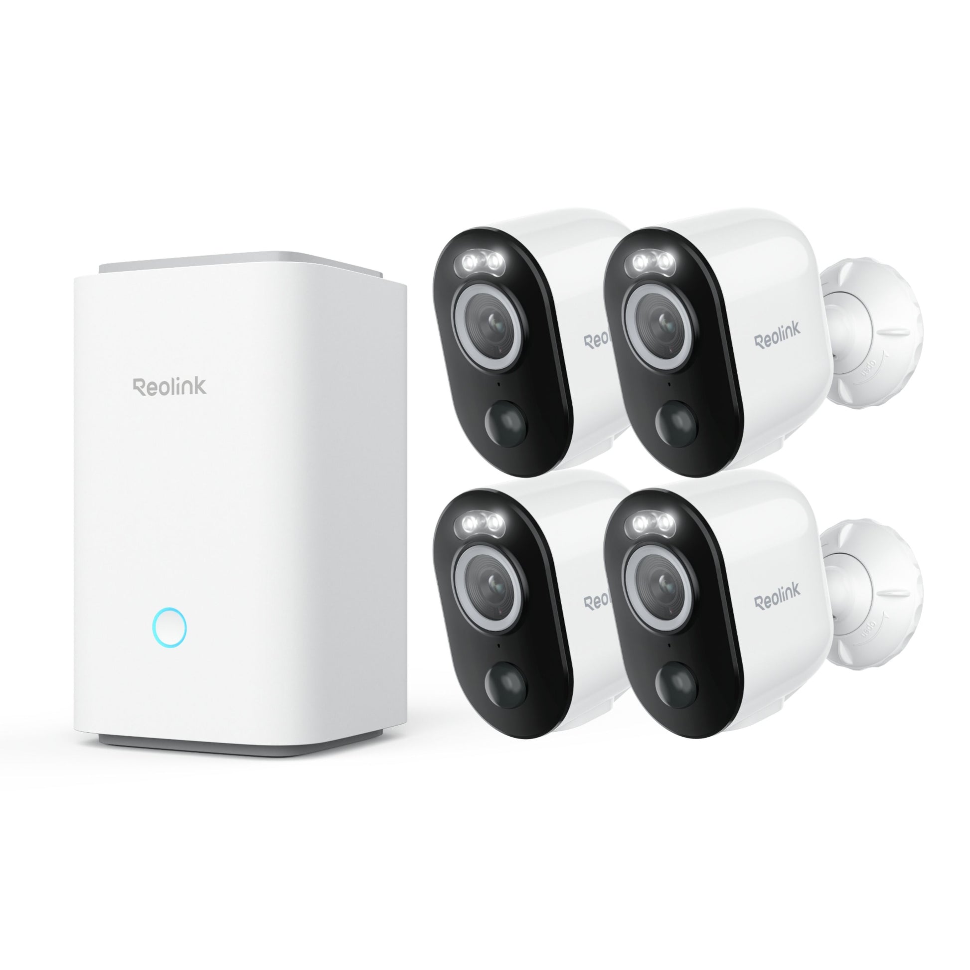 Reolink Argus 3 Ultra 4K kameraer, lokal lagring, ved siden af Reolink Home Hub med blå LED, let vinklet mod højre.