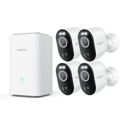 Reolink Argus 3 Ultra 4K kameraer, lokal lagring, ved siden af Reolink Home Hub med blå LED, let vinklet mod højre.