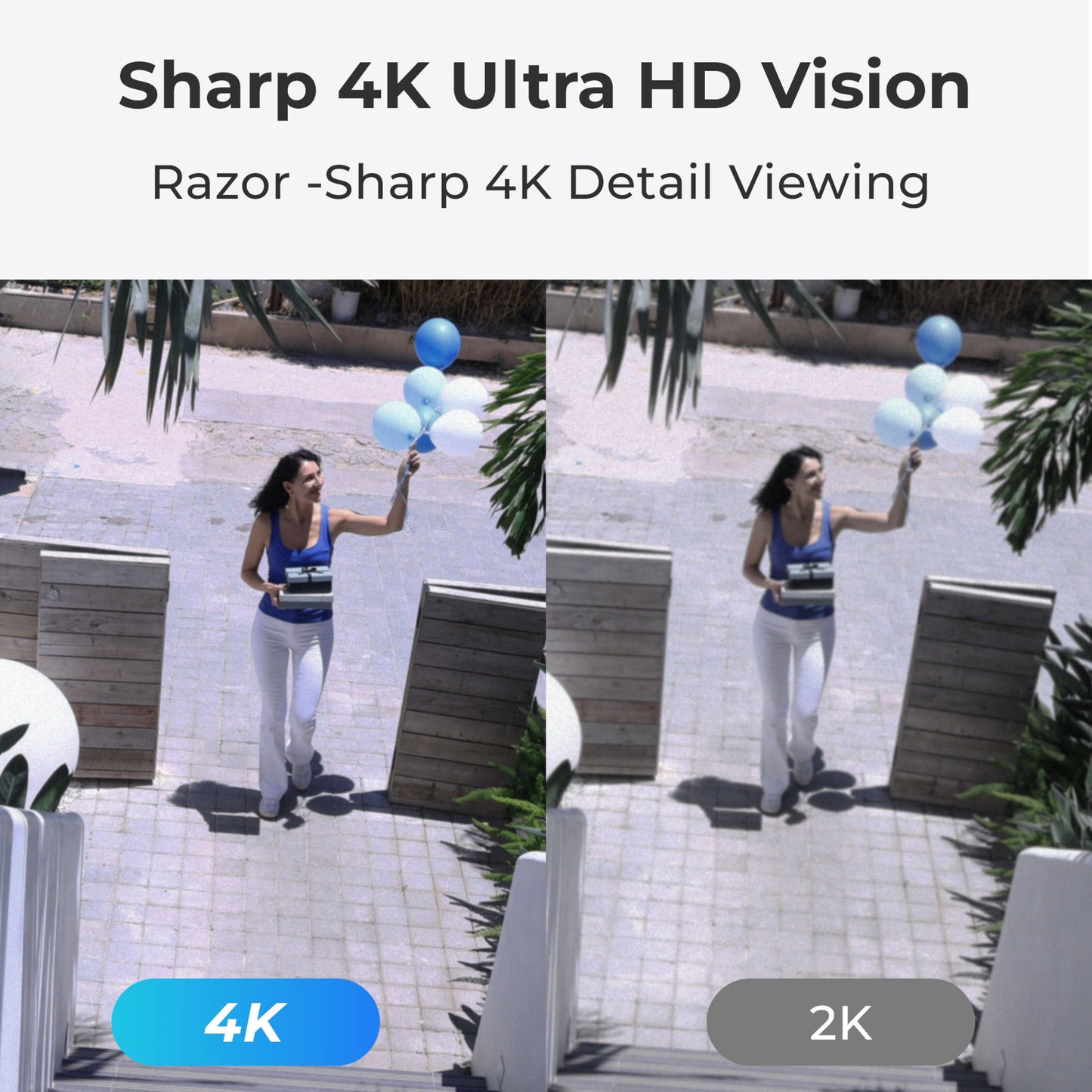 Reolink Home Hub med 4x Argus 3 Ultra 4K-kamera, venstre side skarp med kvinde og blå balloner, højre side sløret 2K.