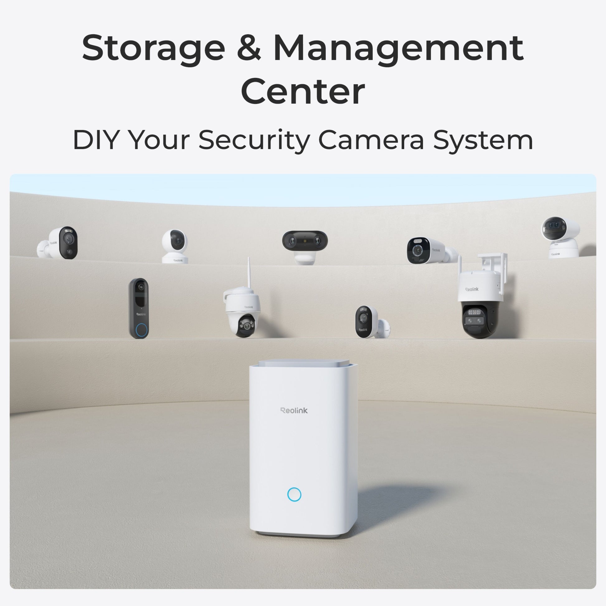 Reolink Home Hub med 4x Argus 3 Ultra 4K-kamera, omringet af Reolink-kameraer, tekst: Storage  Management Center.