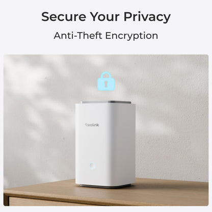 Reolink Home Hub hvid med 4x Argus 3 Ultra 4K-kamera, blåt låsikon, tekst: "Skydda din integritet  anti-stöldkryptering.