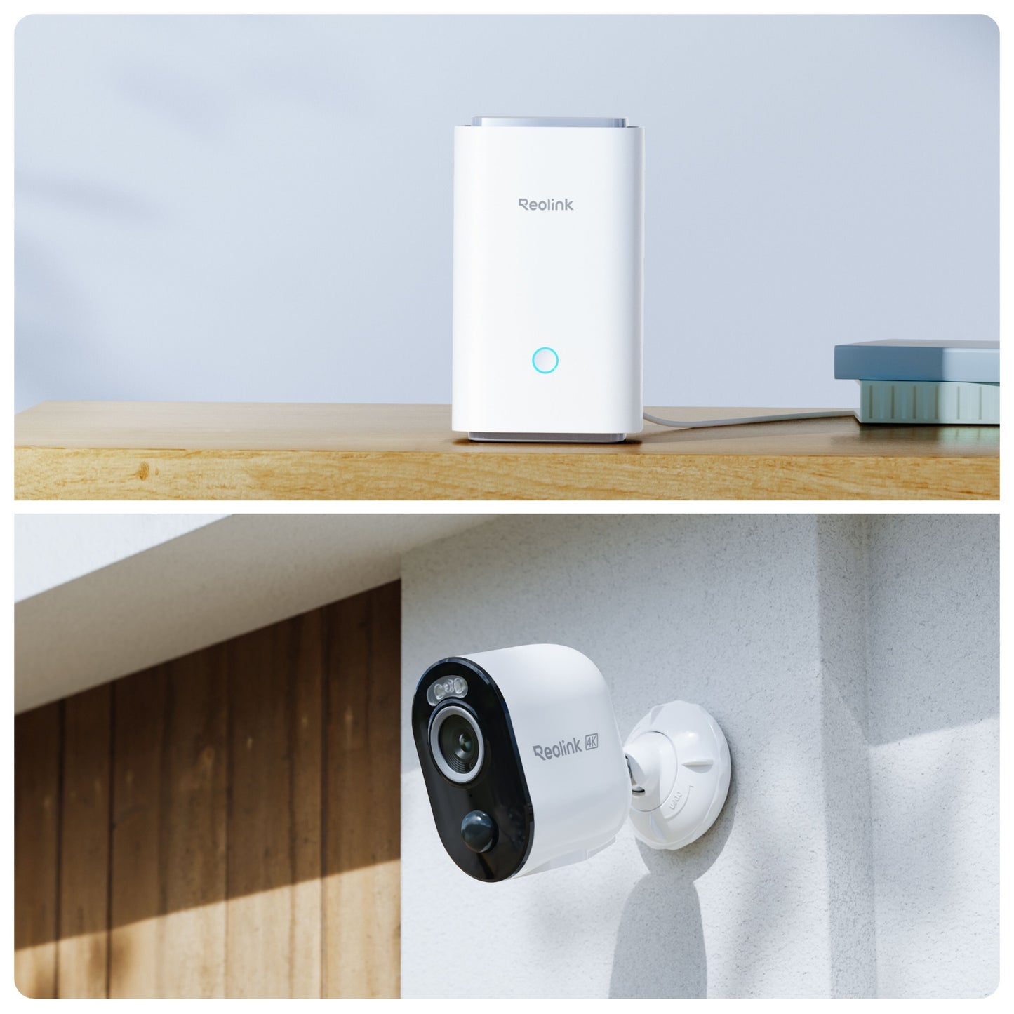 Reolink Home Hub med 4x Argus 3 Ultra 4K kamera, enhed på træoverflade, trådløst kamera monteret udendørs.