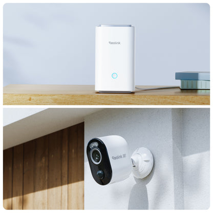 Reolink Home Hub med 4x Argus 3 Ultra 4K kamera, enhed på træoverflade, trådløst kamera monteret udendørs.