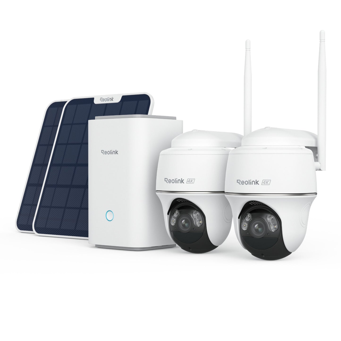 Reolink Home Hub med 2 Argus PT Ultra og 2 mørkeblå solpaneler samlet, 4K overvågning.