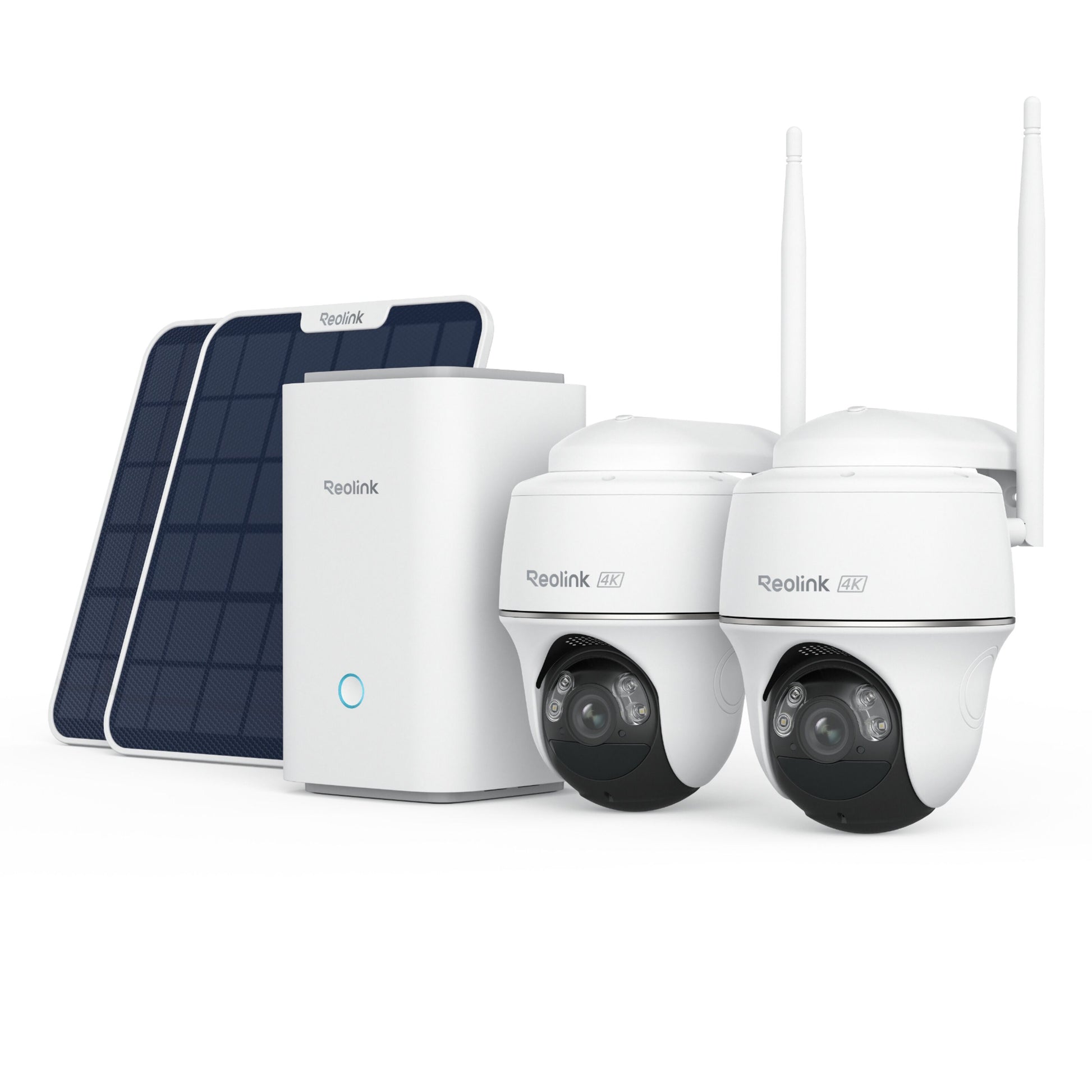 Reolink Home Hub med 2 Argus PT Ultra og 2 mørkeblå solpaneler samlet, 4K overvågning.