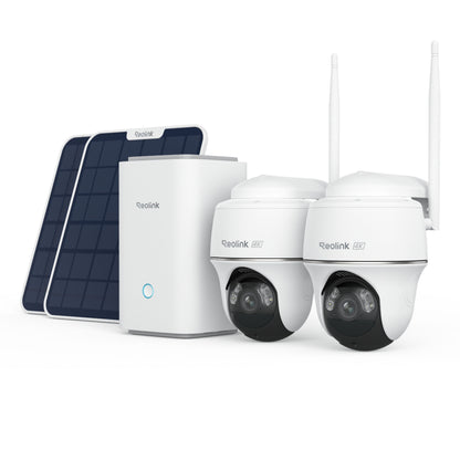 Reolink Home Hub med 2 Argus PT Ultra og 2 mørkeblå solpaneler samlet, 4K overvågning.
