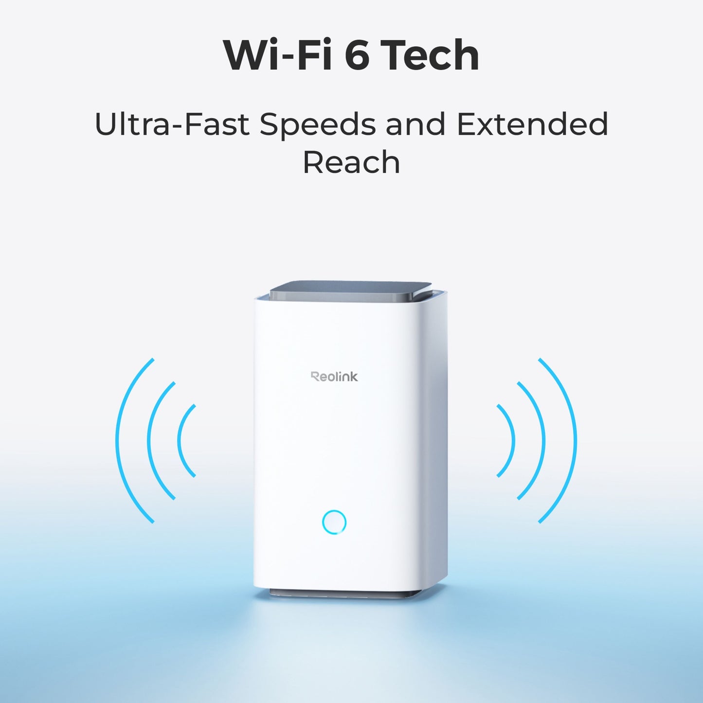Reolink Home Hub med 2x Argus PT Ultra, blå Wi-Fi 6 signalbølger, tekst: Wi-Fi 6 Tech, ultrahurtige hastigheder og udvidet rækkevidde.