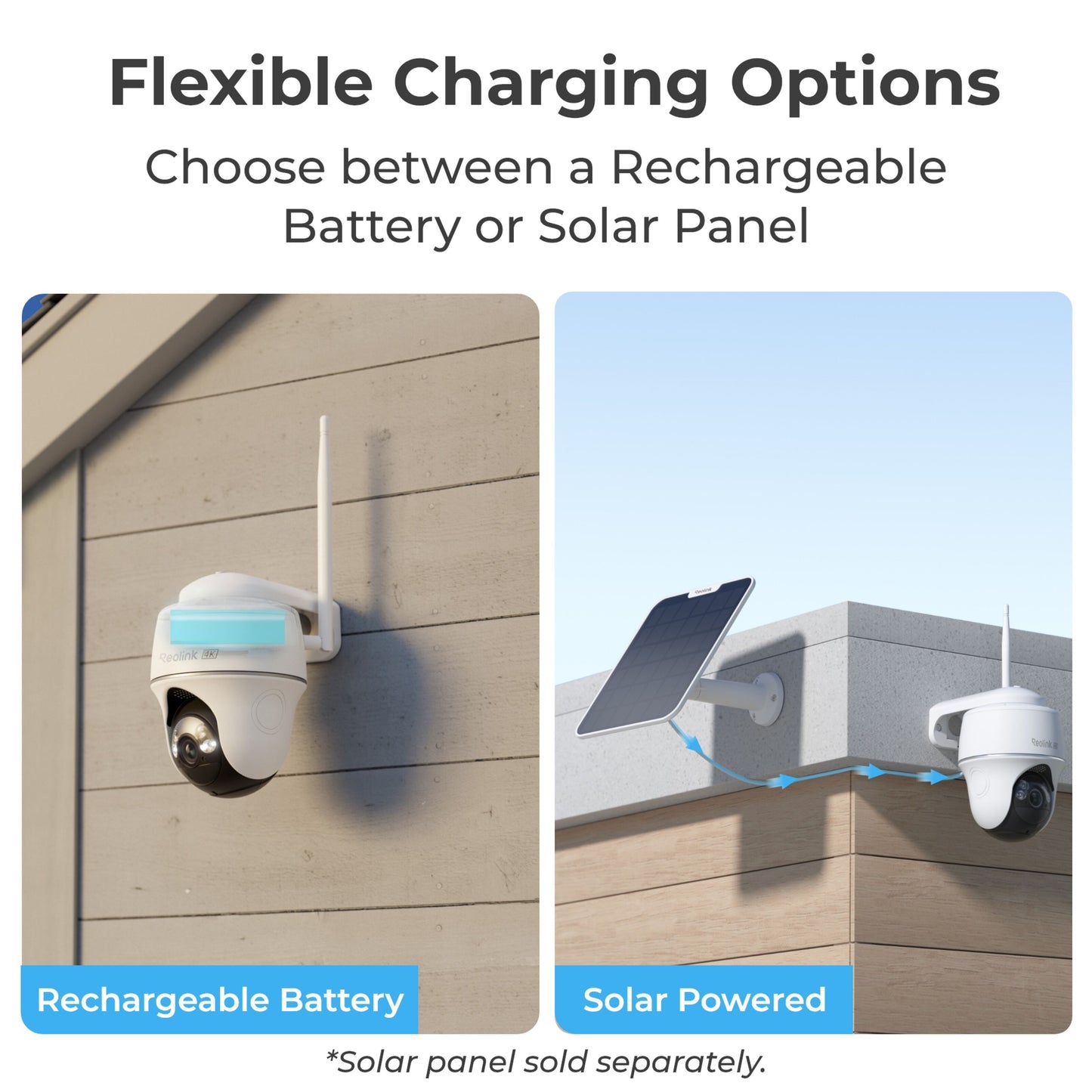 Reolink Argus PT Ultra udendørs kameraer, én batteri, én solcelledrevet, 4K opløsning, fleksibel opladning.