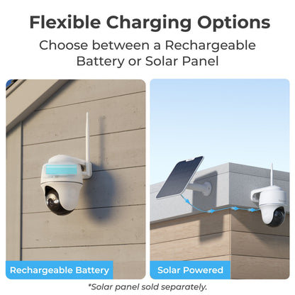 Reolink Argus PT Ultra udendørs kameraer, én batteri, én solcelledrevet, 4K opløsning, fleksibel opladning.