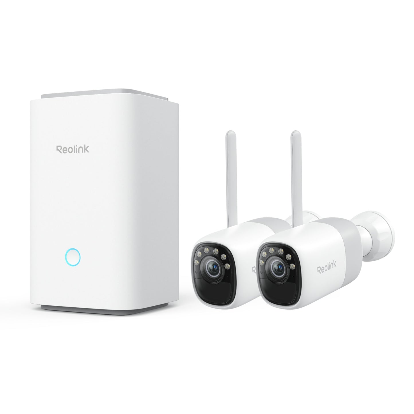 Reolink Home Hub med 2 trådløse Altas 2K-kameraer med antenner og IR-LED'er til inden- og udendørs brug.