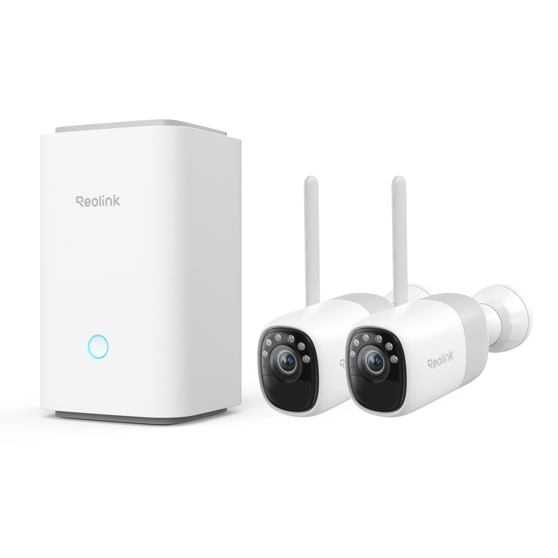 Reolink Home Hub med 2 trådløse Altas 2K-kameraer med antenner og IR-LED'er til inden- og udendørs brug.