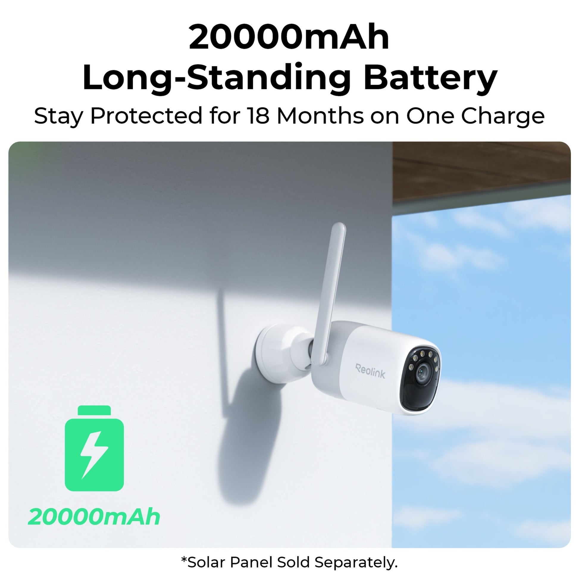 Reolink Home Hub med 2x Altas 2K kameraer, monteret udendørs, tekst viser 20000mAh batteri til op til 18 måneders overvågning.